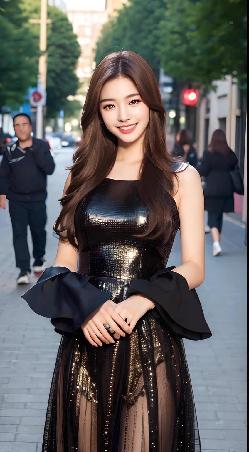 ((Best quality, 8k, Masterpiece :1.3)), 1girl, smiling, full body, slim face, Pretty woman, (Dark brown hair), full length dress :1.1, Ultra-detailed face, Detailed eyes, Double eyelid, blur background, slim face, city, outside, street,