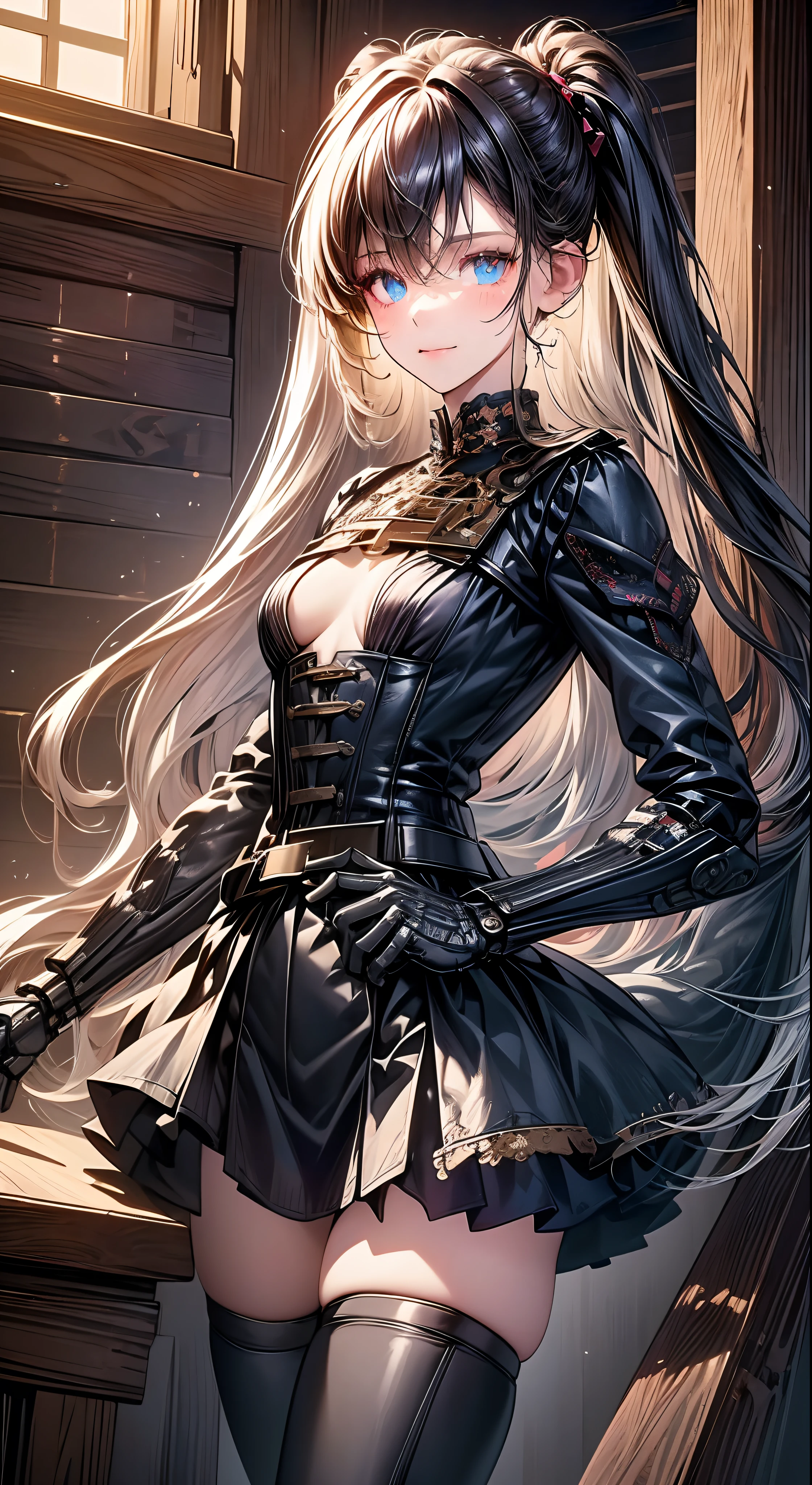 (((masterpiece)))、((top-quality))、(The ultra-detailliert)、(CG Illustration)、(Very Beautiful Little Girl))、Cinematic Light、((1 Mechanical Girl))、 scientific fiction、Apocalypse、Erotic grotesque、(Beautiful and indulgent:1.2)、(1girl in:1.3)、Facing the front,Corset Belt,a miniskirt,