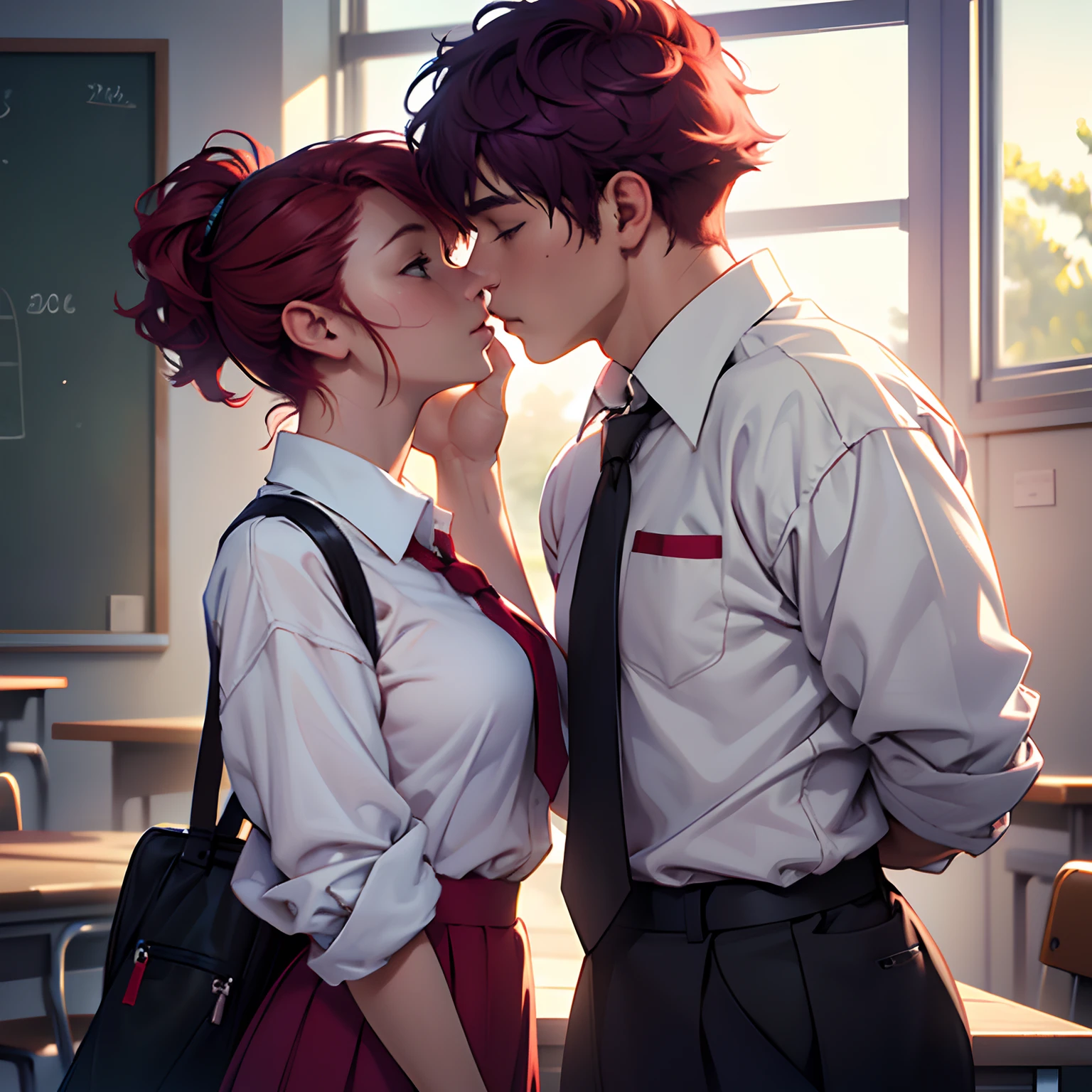 Girl and boy standing together, Girl touching boy's face. Girl Long, purple hair, And a boyish short, red hair. They are both dressed in school uniforms. they kiss standing up in the classroom. GUY WITH SHORT RED HAIR. ((The guy has short red hair)) the kiss. Guy is shy

(material:illustartion),(Best Quality,hight resolution,Masterpiece:1.2),Ultra-detailed,(Realistic,Photorealistic,photo-realistic:1.37) 

(style of:in full height),(Vivid colors),(Soft color tones) 

(Light:soft-lighting),(bokeh).