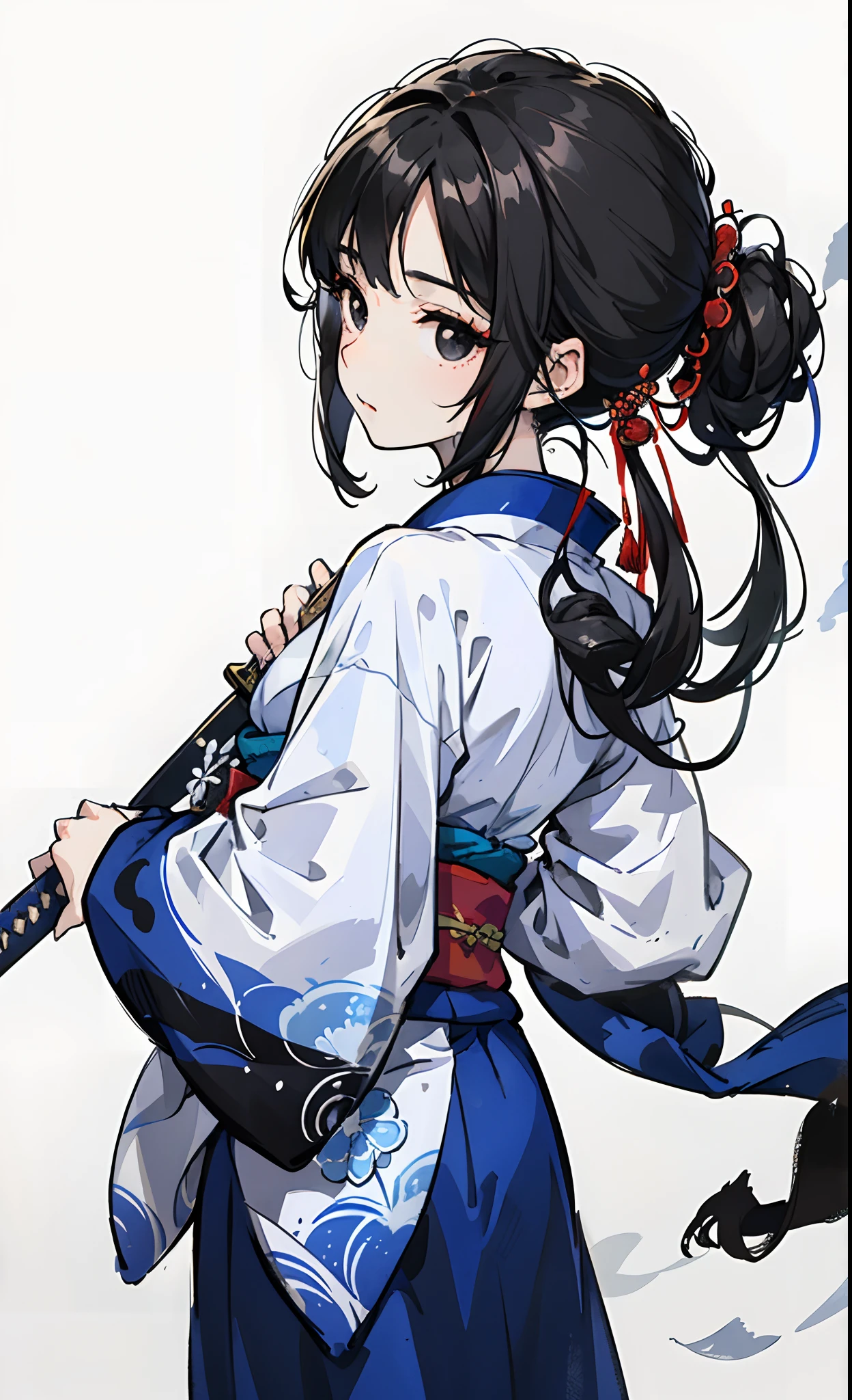 tmasterpiece、nood、(One Man:1:8)、(Chibi:1.8),Huza,Side Body,(Blue and white kimono:1:8),cabelos preto e longos,The back hair is tied,Black eyes,white backgrounid,Simple Background Japan Sword