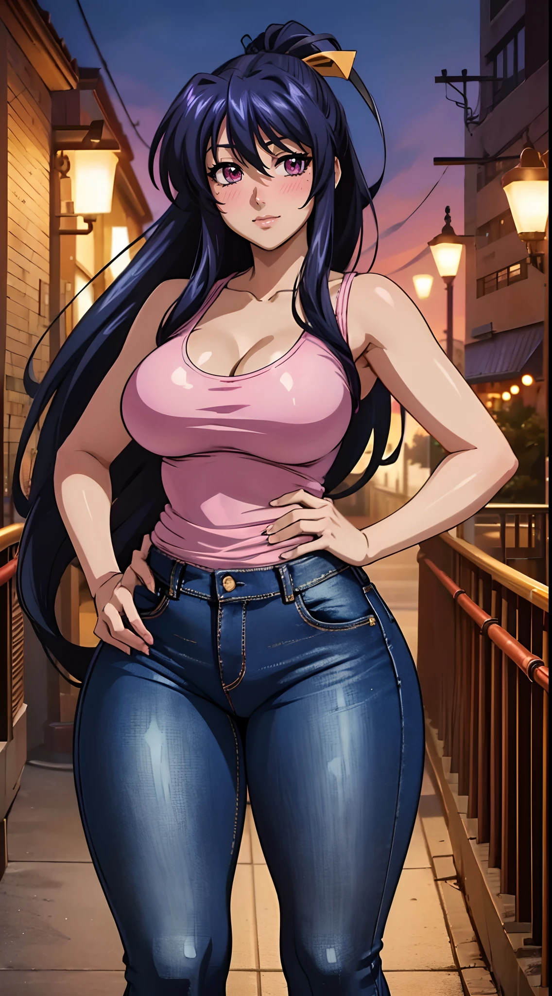 (best quality:1.3), (4k quality), Akeno himejima by high school dxd, ((Detailed face)), ((curvy body)), (blush), (((pants jeans))), city