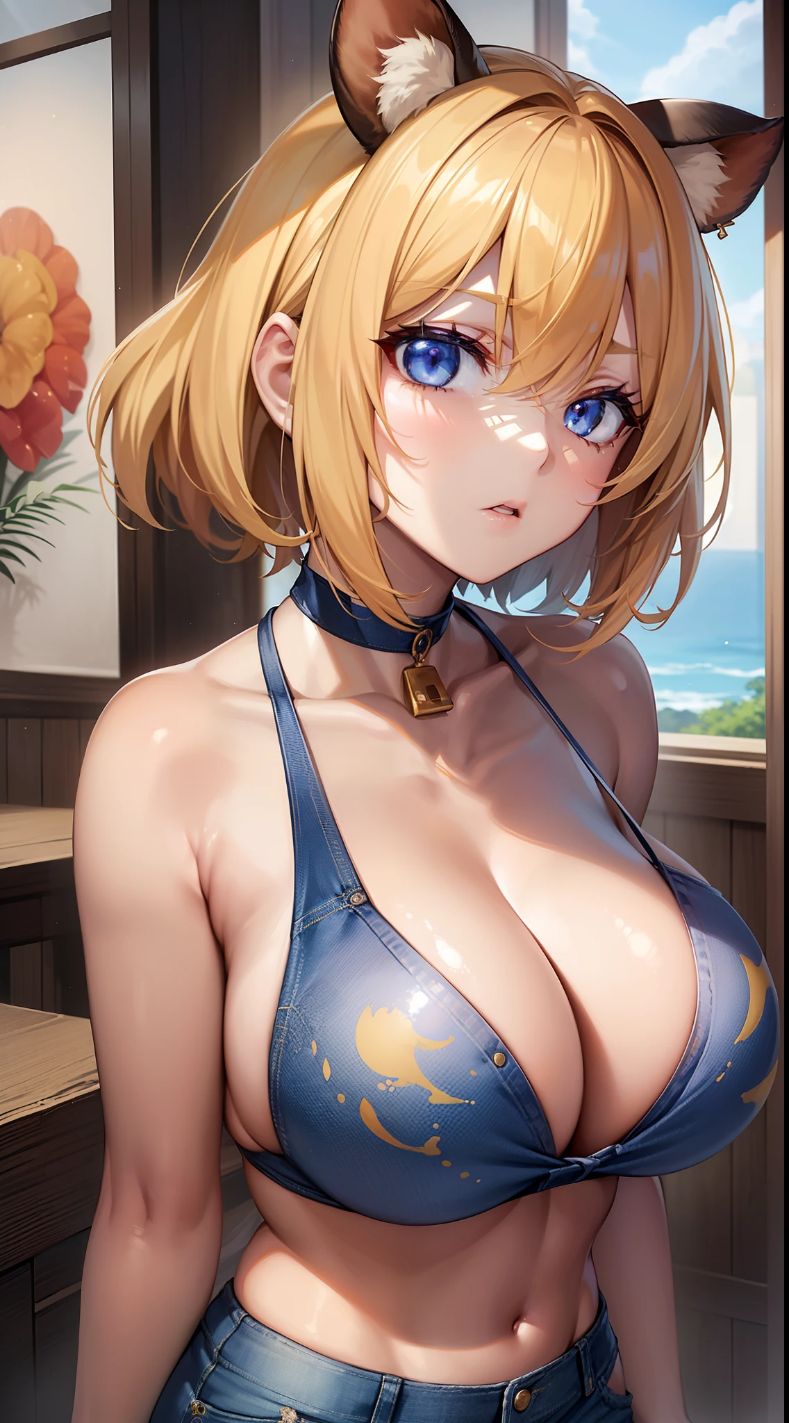((Finest quality)),(超A high resolution),(ultra-detailliert),((Best Anime)),sharpnes,Vivid:1.1,The art of astounding depiction,Dazzling sun, (1womanl),(a blond,Disheveled short bob),(Cow print bikini:1.7,denim short pants),huge tit,sullen look
