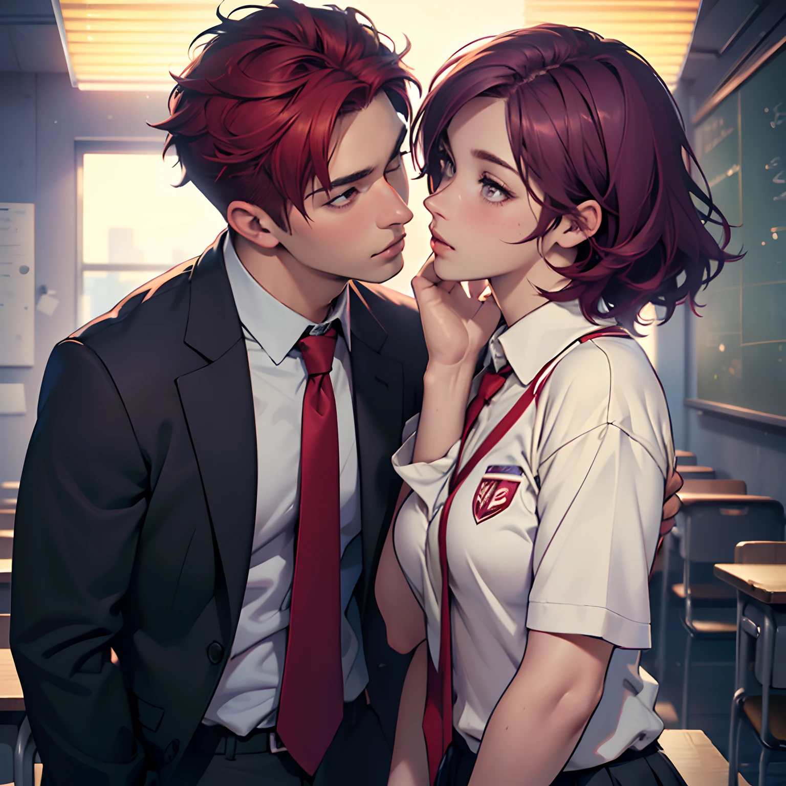 Girl and boy standing together, Girl touching boy's face. Girl Long, purple hair, And a boyish short, red hair. They are both dressed in school uniforms. they kiss standing up in the classroom. GUY WITH SHORT RED HAIR. ((The guy has short red hair)) the kiss. Guy is shy
(material:illustartion),(Best Quality,hight resolution,Masterpiece:1.2),Ultra-detailed,(Realistic,Photorealistic,photo-realistic:1.37)
(style of:in full height),(Vivid colors),(Soft color tones)
(Light:soft-lighting),(bokeh).