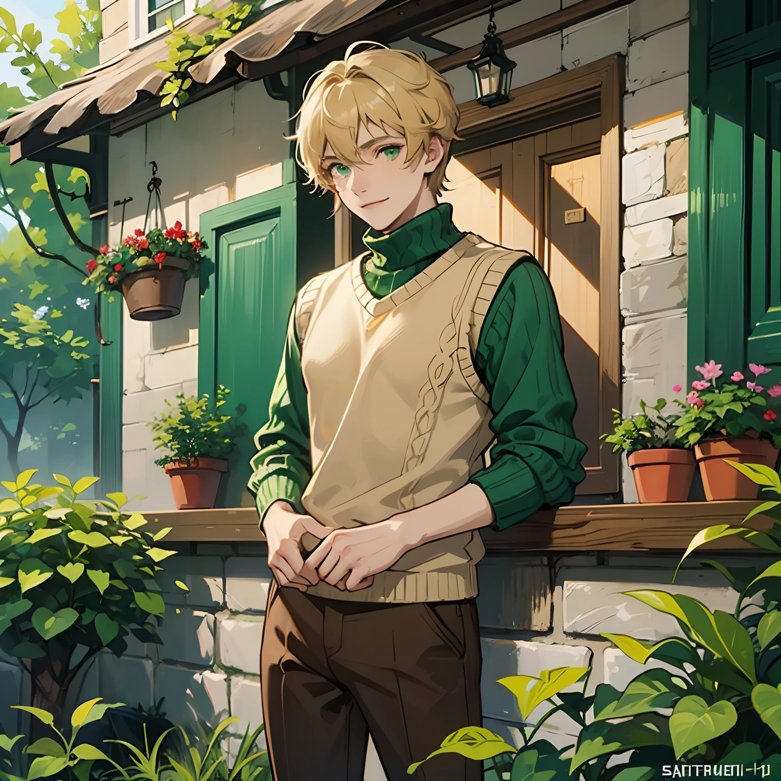 loveable guy, эстетика cottage core, Green sweater, comfort, brown pants, Short blonde hair, green colored eyes, Plants, Green Decorations, hippie, ssmile, beige turtleneck, beetles