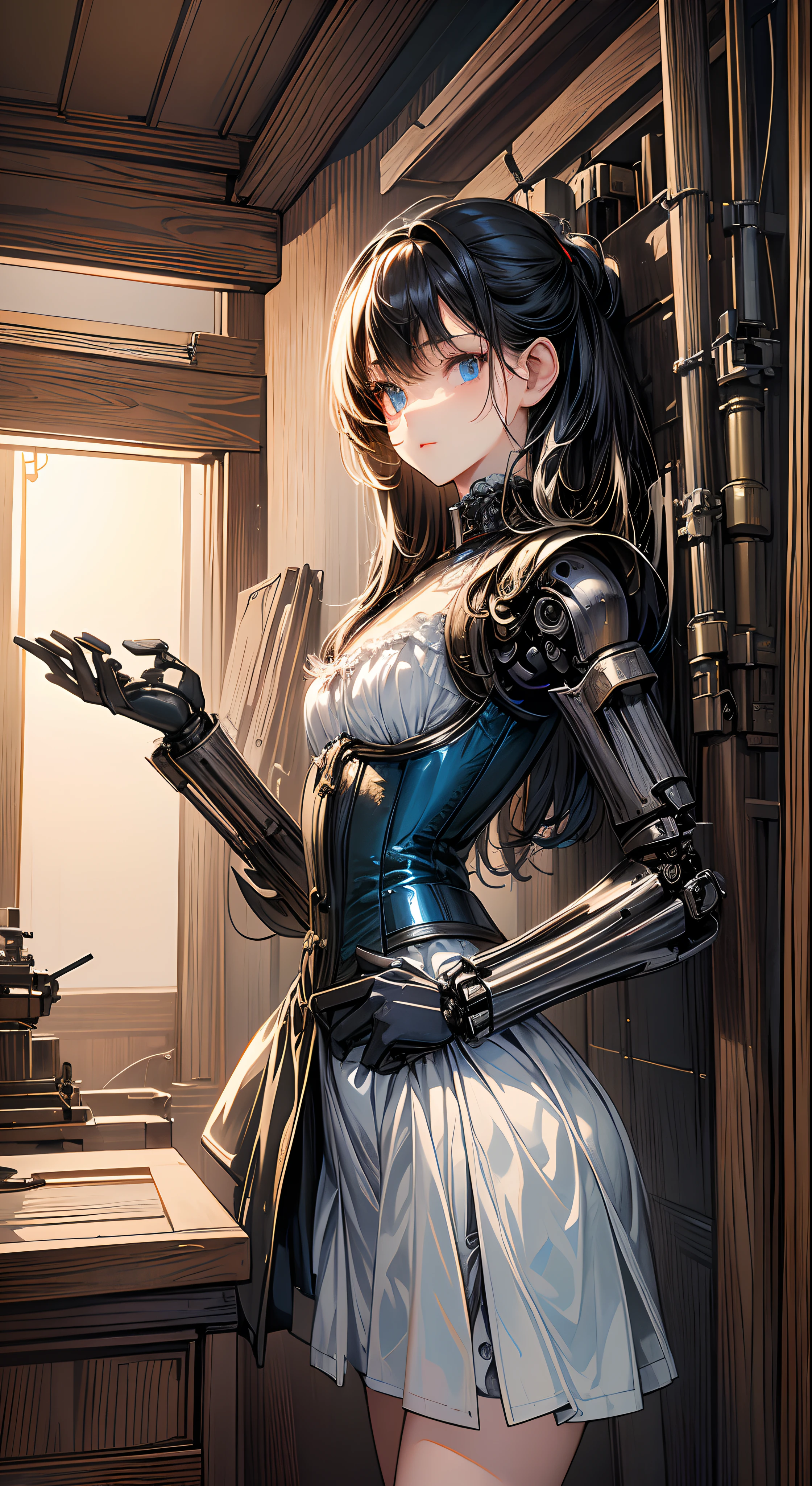 (((masterpiece)))、((top-quality))、(The ultra-detailliert)、(CG Illustration)、(Very Beautiful Little Girl))、Cinematic Light、((1 Mechanical Girl))、 scientific fiction、Apocalypse、Erotic grotesque、(Beautiful and indulgent:1.2)、(1girl in:1.3)、Facing the front,Corset Belt,a miniskirt,