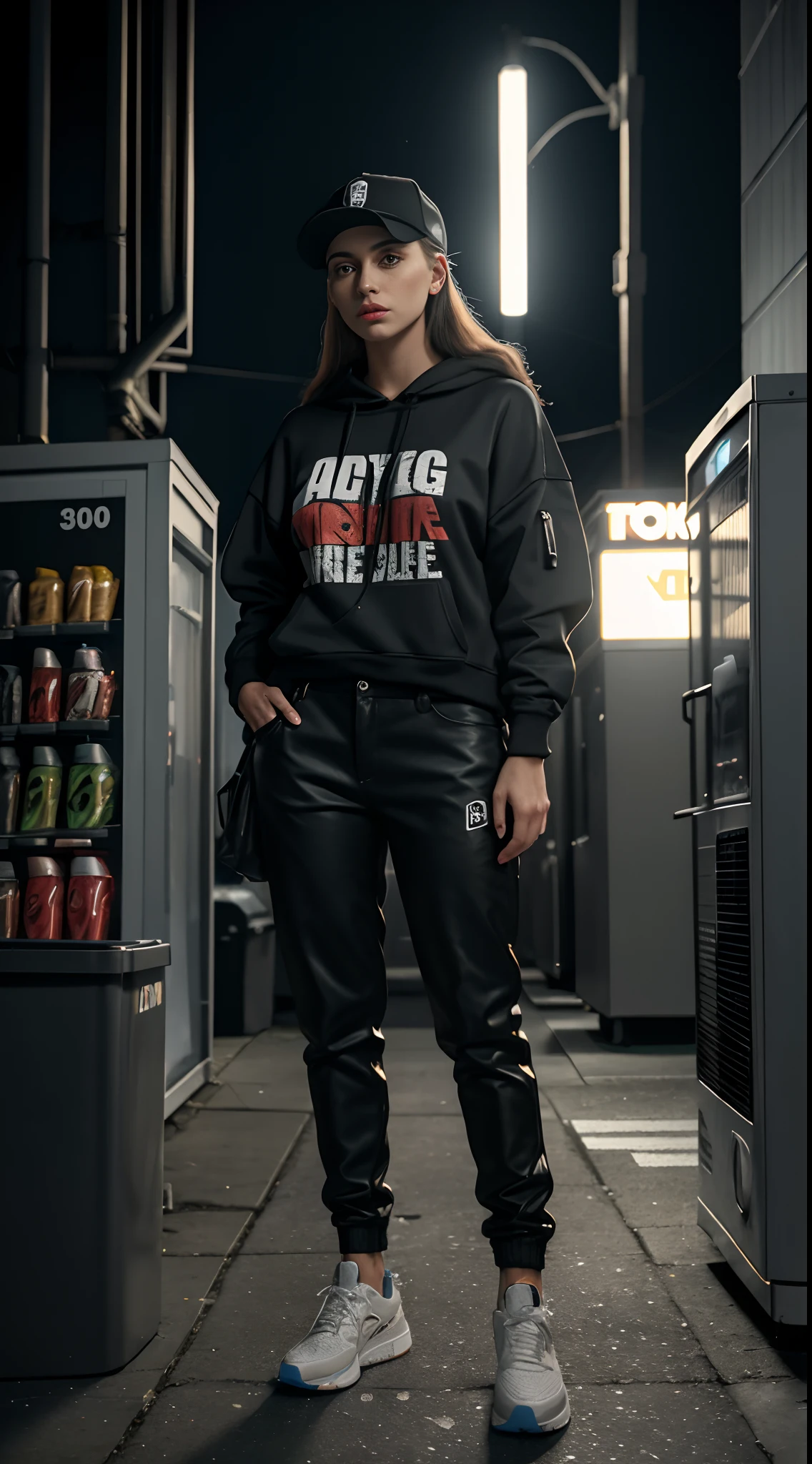 30 years old,Woman, look at viewer, streetwear outfit, alley, vending machine, trash can, air conditioner, night sky, gloomy light, ((top quality, 8k, masterpiece: 1.3)), (8k, RAW photo, best quality, masterpiece:1.2), (realistic, photo-realistic:1.37),