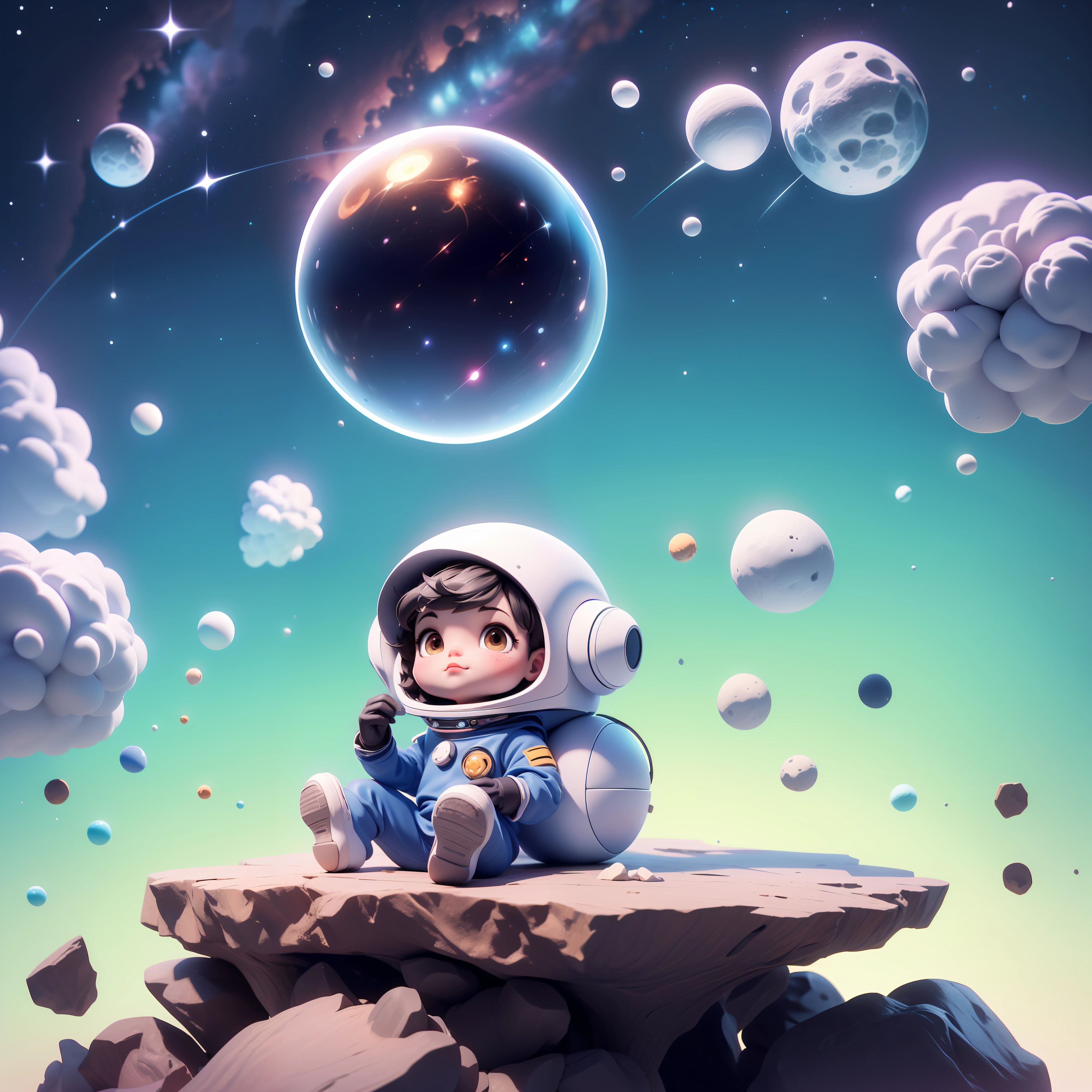 3dcharacter, roupa de astronauta, (corpo inteiro: 1.2), fundo simples, obra-prima, melhor qualidade, (fundo gradiente: 1.1), 1man, Desenhe um de 6 anos programador, sitting on a research platform floating in the middle of an asteroid belt in different positions.