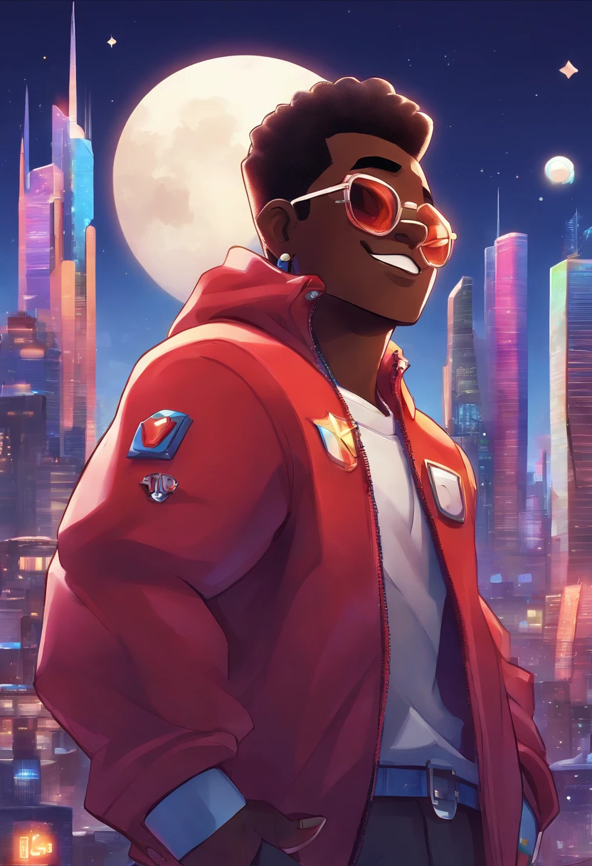 masterpiece, best quality, a close up of a dark skin male with a jacket(brown:0.5, black:0.75) on and a city in the background, detailed character portrait, character art closeup, rossdraws | afrofuturism, red eyes, flat top hair, sky, cloudy_sky, building, moonlight, moon, night, (dark theme:1.3), light, sci-fi city, Glasses