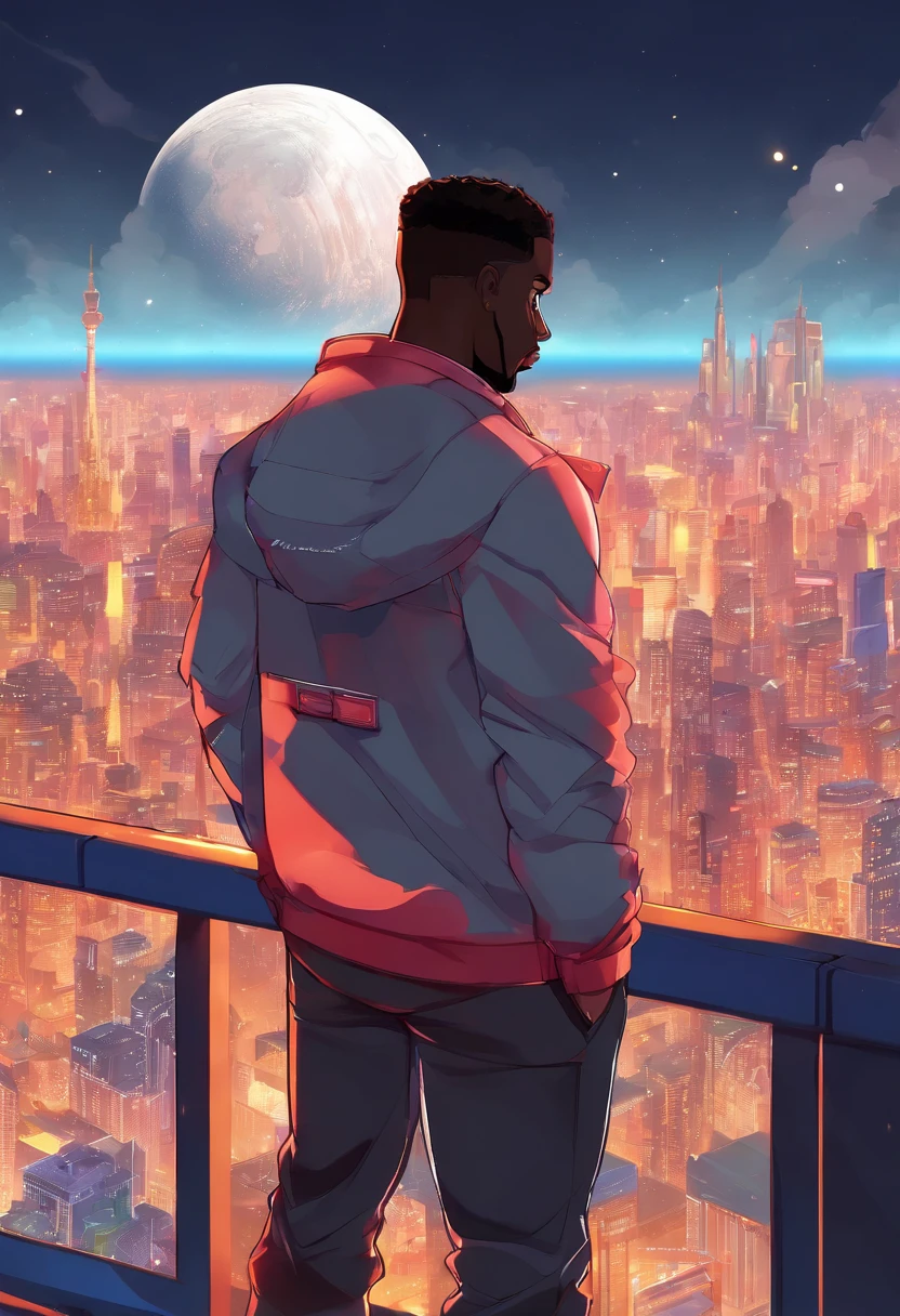 masterpiece, best quality, a close up of a dark skin male with a jacket(brown:0.5, black:0.75) on and a city in the background, detailed character portrait, character art closeup, rossdraws | afrofuturism, red eyes, flat top hair, sky, cloudy_sky, building, moonlight, moon, night, (dark theme:1.3), light, sci-fi city, Glasses