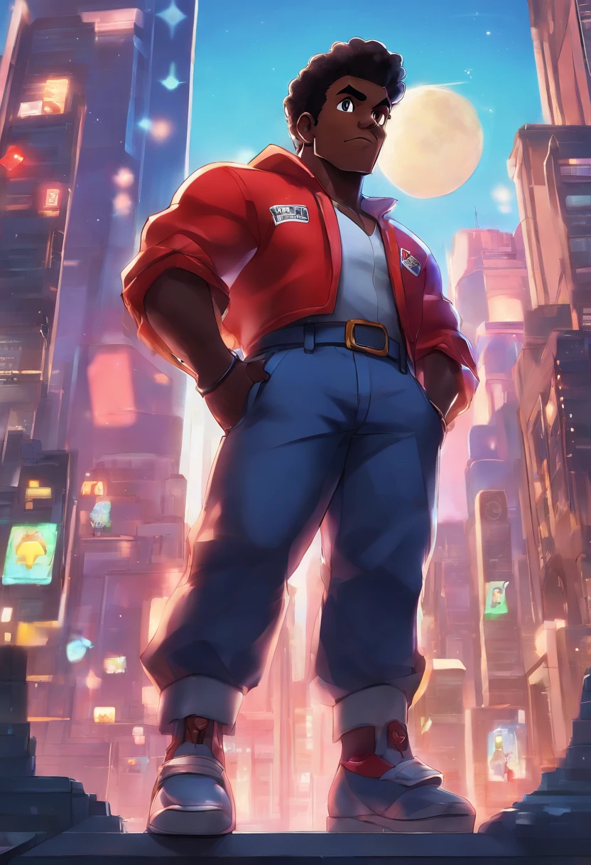 masterpiece, best quality, a close up of a dark skin male with a jacket(brown:0.5, black:0.75) on and a city in the background, detailed character portrait, character art closeup, rossdraws | afrofuturism, red eyes, flat top hair, sky, cloudy_sky, building, moonlight, moon, night, (dark theme:1.3), light, sci-fi city, Glasses