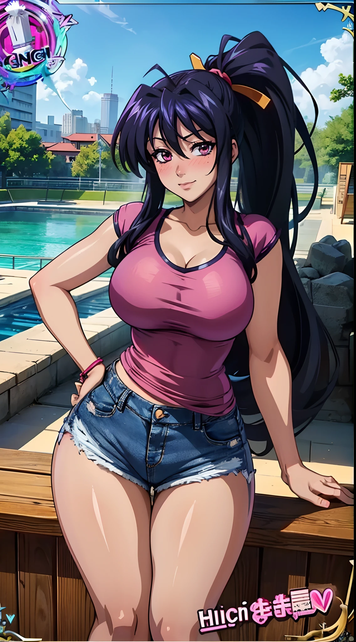 (best quality:1.3), (4k quality), Akeno himejima by high school dxd, ((Detailed face)), ((curvy body)), (blush), (((shorts jeans))), city