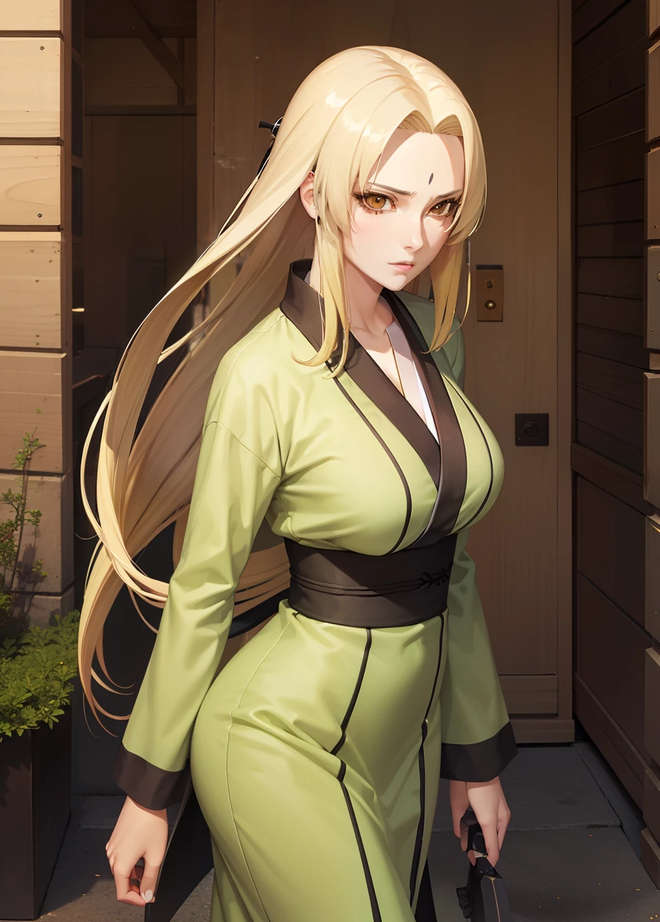 1girl in, Tsunade, Long hair, sexy dress, Yellow hair, Green eyes,  Beautiful, Green clothes,, Sexy clothes, Outdoor background, Ultra Detail, Realistic