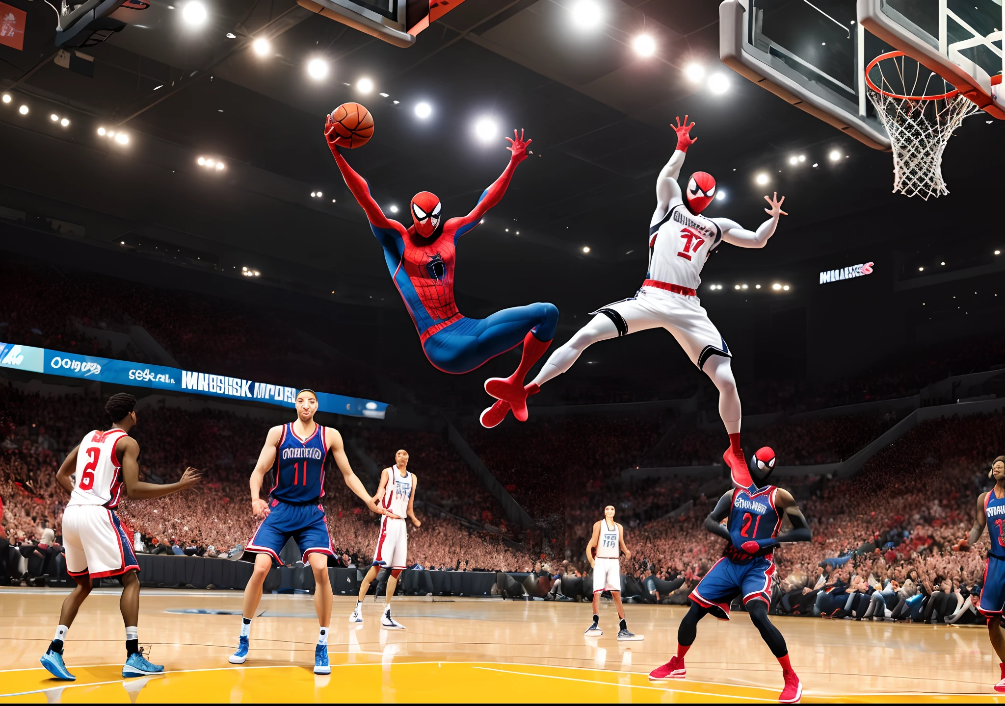Spider-gwen dunking on insomniac spider-man in a basketball match while miles morales is in the back shocked