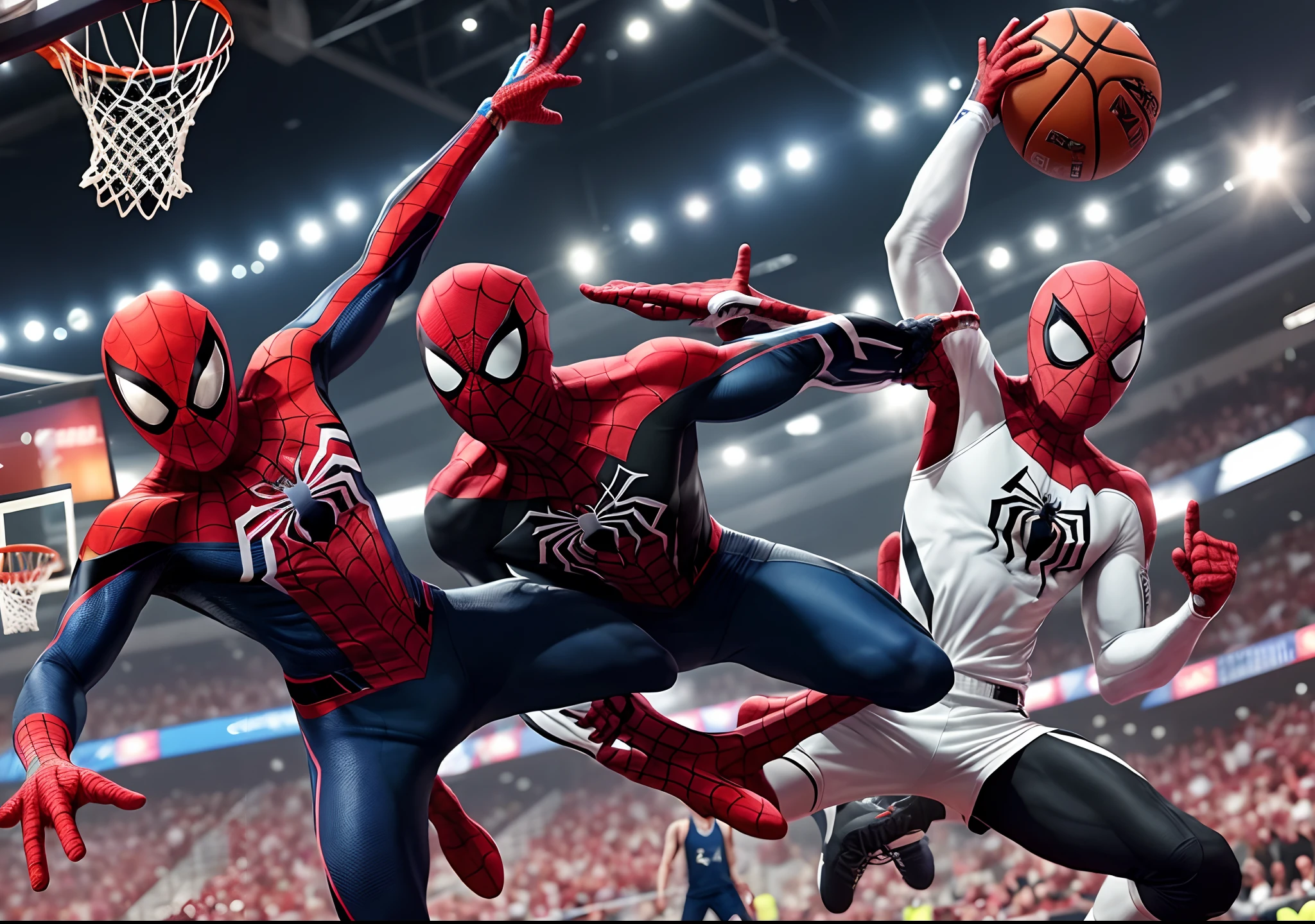 Spider-gwen dunking on insomniac spider-man in a basketball match while miles morales is in the back shocked