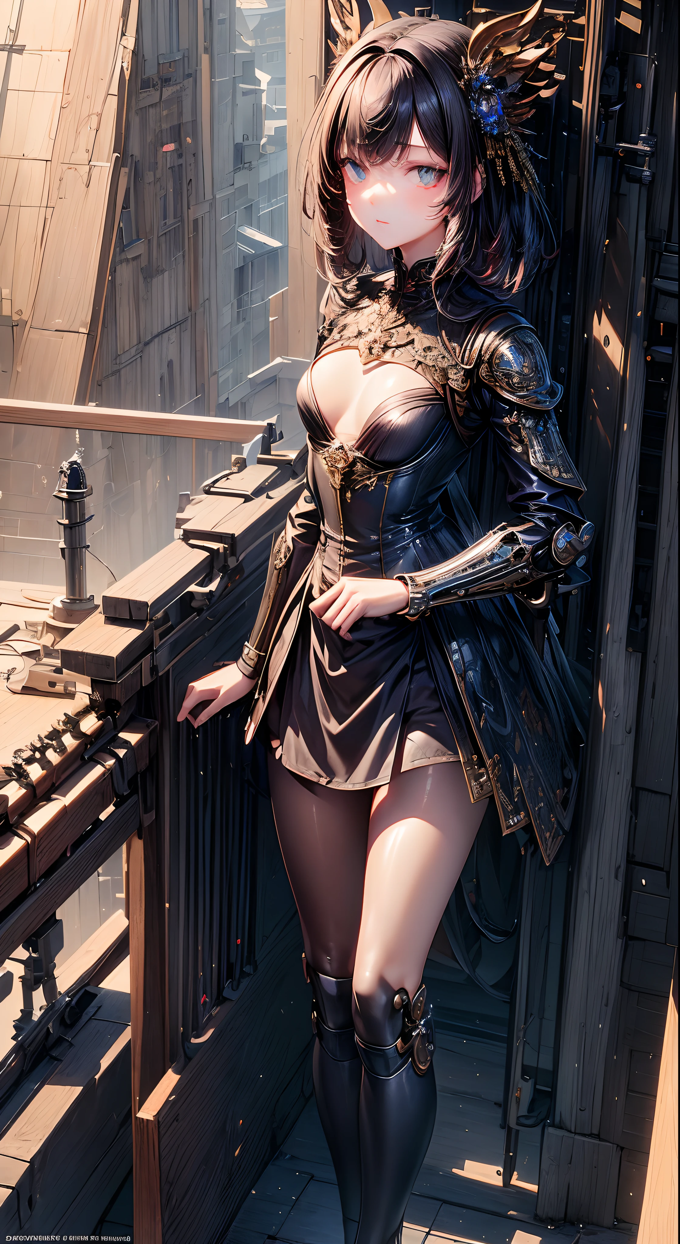 (((​masterpiece)))、((top-quality))、(The ultra-detailliert)、(CG Illustration)、(Very Beautiful Little Girl))、Cinematic Light、((1 Mechanical Girl))、 scientific fiction、Apocalypse、Erotic grotesque、(Beautiful and indulgent:1.2)、(1girl in:1.3)、Facing the front,Corset Belt,a miniskirt,