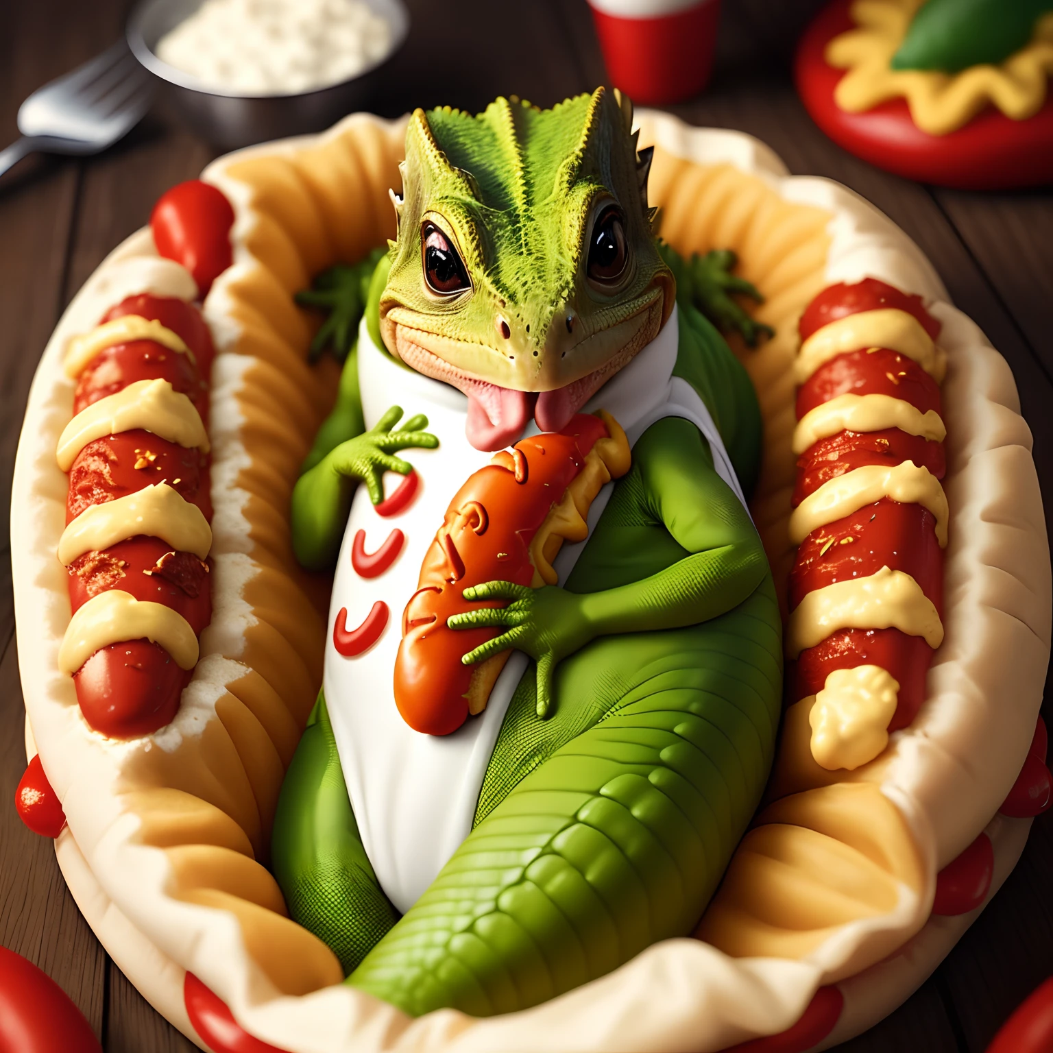 Lizard in a hotdog costume