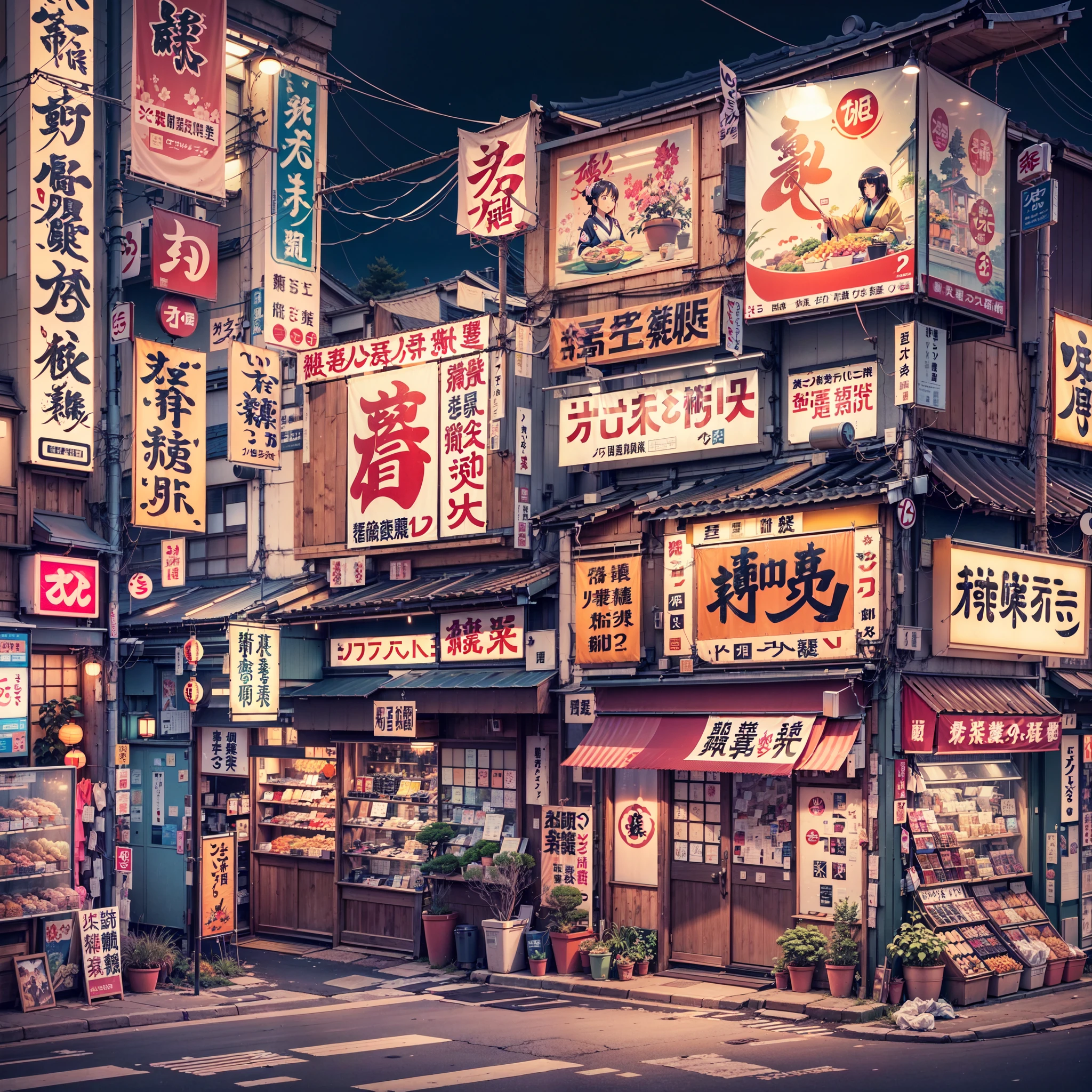 anime background, anime wallpaper, best quality, anime, anime style, anime vibe, anime scene, retro tokyo shop, 80s style japanese retro shop, shop on the side of a road where the road is overlooking the city, japan, nighttime, night time, night, dark, scene lit up from the shop, big retro japanese shop signs, japanese shop banners, japanese billboards, japanese shop signs, japanese signs, japanese banners, banners, plant pots, trash cans, air vents, gutters, telephone wires, wires, cables, air ventilation systems, (no one: 1), no one in sight, empty scene