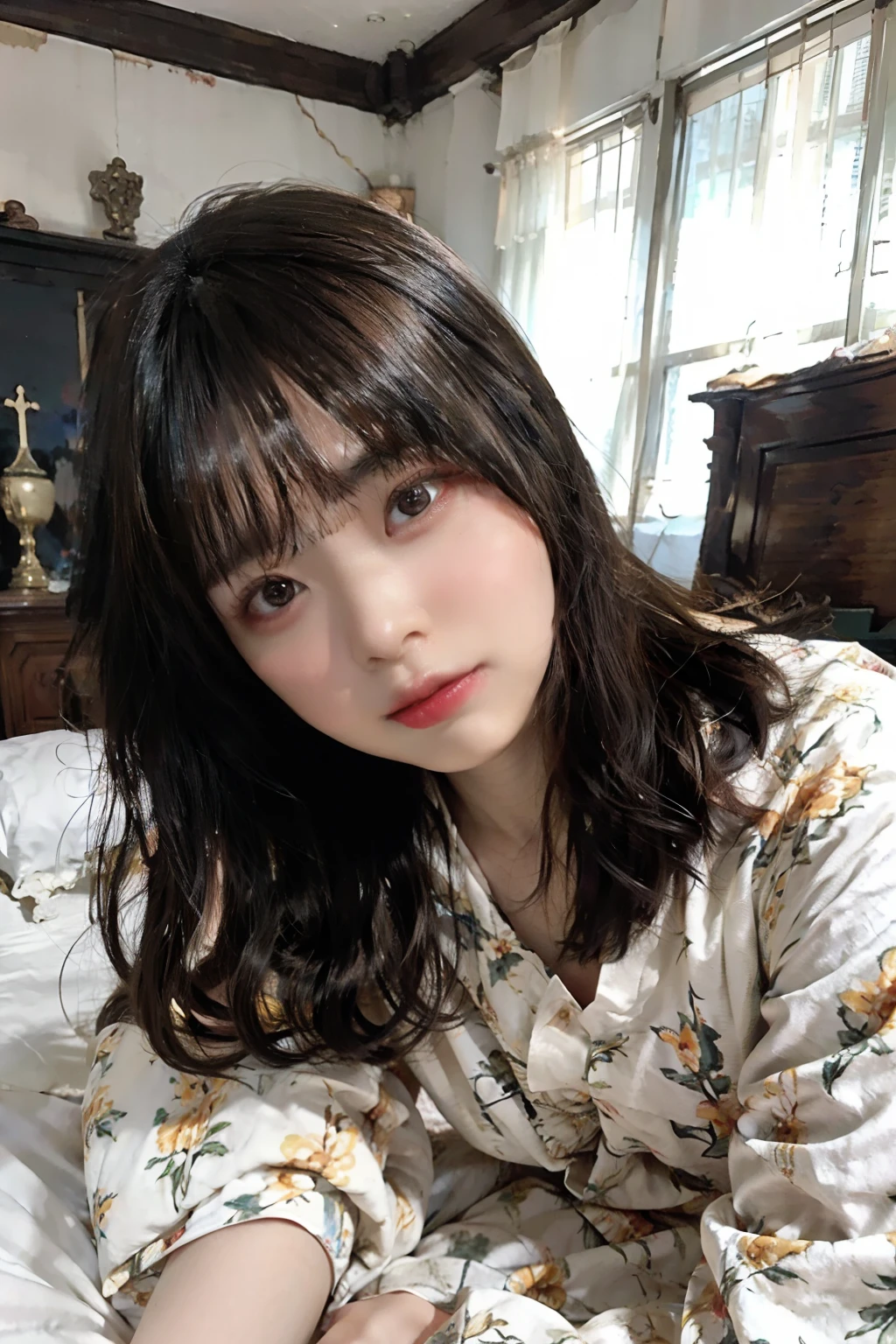 top-quality、8K、hight resolution、Perfect litthing、​masterpiece、realisitic、cowboy  shot、Bedroom、Lying on bed lying on your back 1.5、embarrassed from