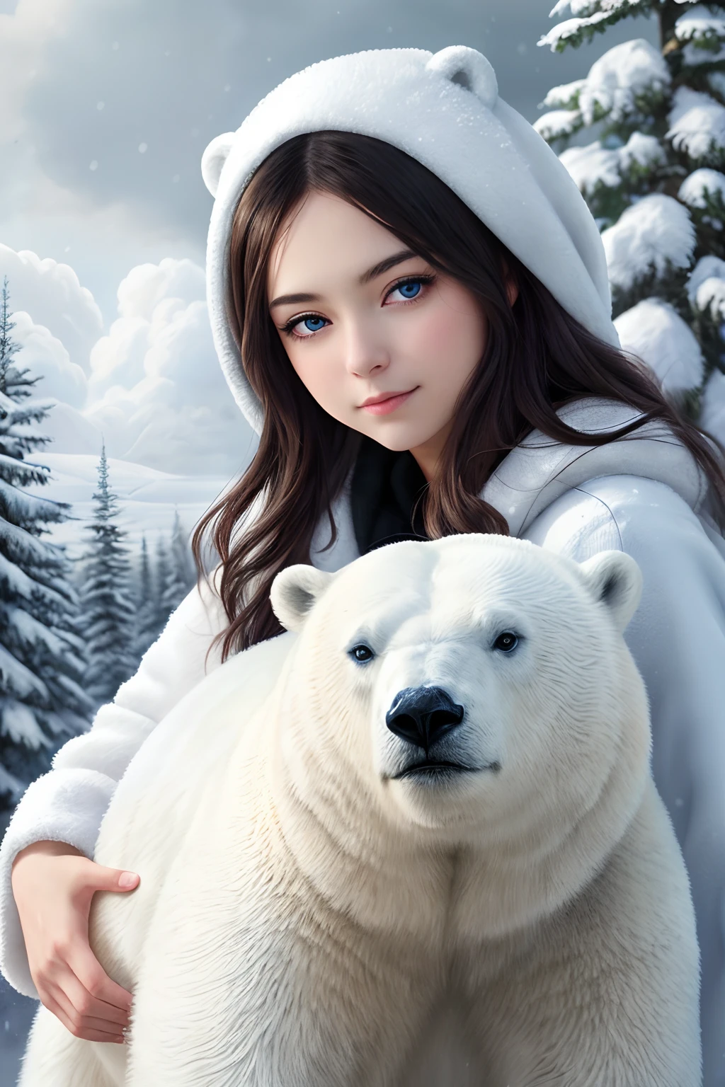 masterpiece, best quality, ultra-detailed, fantasy style, portrait of shy ite woman, close up, extremely beautiful, long wavy hairstyle, pretty blue eyes, wearing black winter coat), cold atmosphere, winter-themed, (hugging polar bear cub), snow, Style-Winter, pine trees, dark storm clouds, fluffy clouds in the background, unreal engine, (masterpiece, Intricate, epic details, Sharp focus, dramatic, surreal oil painting), full body shot