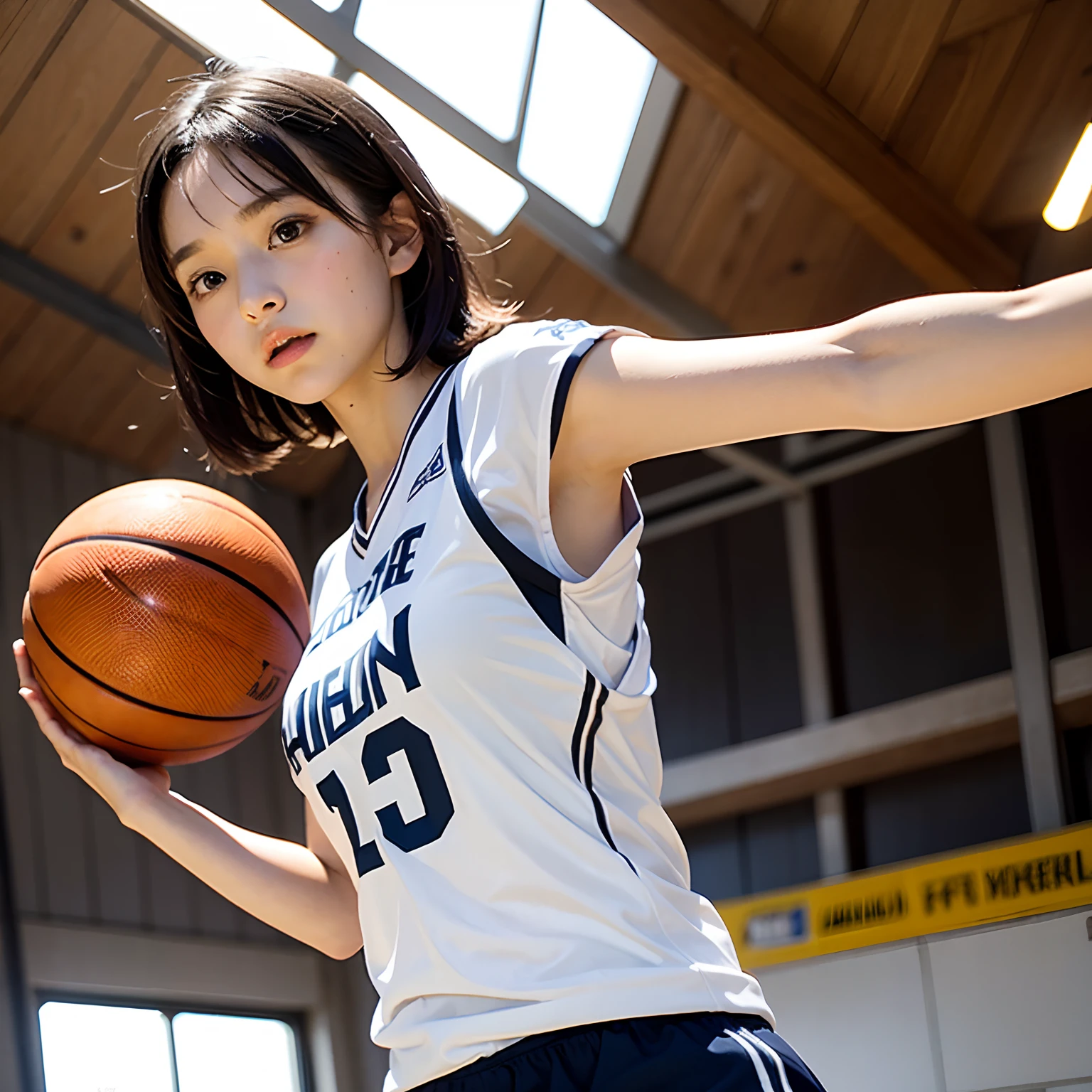 (masutepiece, Best Quality:1.2), 8K, Official art, Raw photo,Angle from directly below、Taken from directly below、dribbling、Basketball Uniforms、Clothes are bukabuka、Full Bord Bill Four、cute butt、Cute s、、skinny、14years、unbievable Ridiculous, (Upper body, Basketball Uniforms:1.4), Beautiful Girl, Pretty Face, arching back down,、Black Hair Bob、Natural dribbling、Short sleeve, violaceaess, Teen, Looking at Viewer, Film grain, chromatic abberation, Sharp Focus, face lights, Dynamic lighting, Cinematic lighting, Eyes and faces with detailed, Bokeh background,