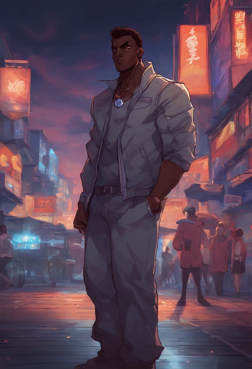 masterpiece, best quality, a close up of a dark skin male with a jacket(brown:0.5, black:0.75) on and a city in the background, detailed character portrait, character art closeup, rossdraws | afrofuturism, red eyes, flat top hair, sky, cloudy_sky, building, moonlight, moon, night, (dark theme:1.3), light, sci-fi city, Glasses
