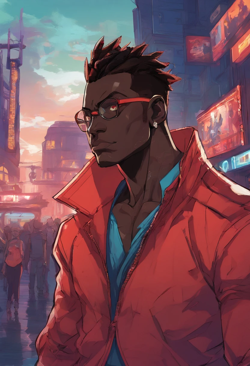masterpiece, best quality, a close up of a dark skin male with a jacket(brown:0.5, black:0.75) on and a city in the background, detailed character portrait, character art closeup, rossdraws | afrofuturism, red eyes, flat top hair, sky, cloudy_sky, building, moonlight, moon, night, (dark theme:1.3), light, sci-fi city, Glasses