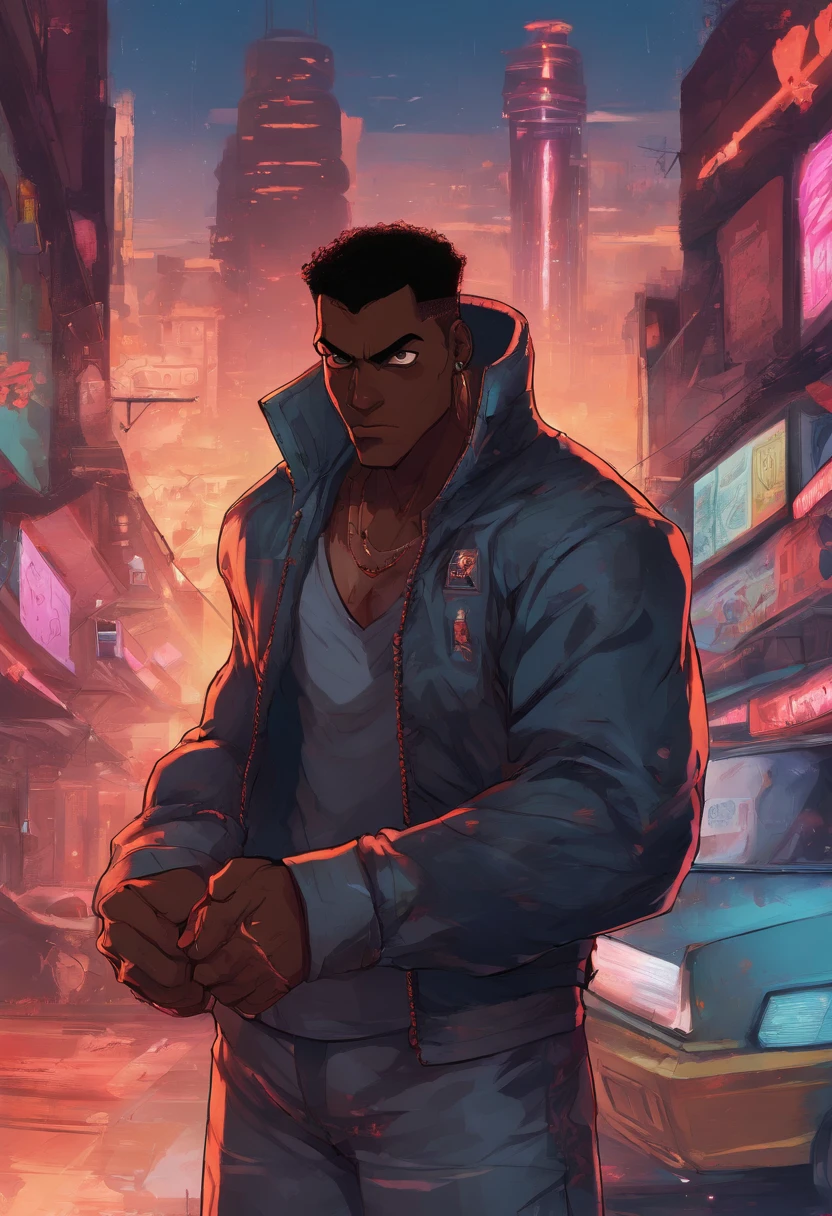 masterpiece, best quality, a close up of a dark skin male with a jacket(brown:0.5, black:0.75) on and a city in the background, detailed character portrait, character art closeup, rossdraws | afrofuturism, red eyes, flat top hair, sky, cloudy_sky, building, moonlight, moon, night, (dark theme:1.3), light, sci-fi city, Glasses