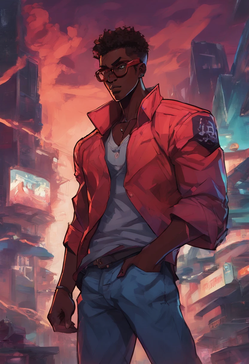 masterpiece, best quality, a close up of a dark skin male with a jacket(brown:0.5, black:0.75) on and a city in the background, detailed character portrait, character art closeup, rossdraws | afrofuturism, red eyes, flat top hair, sky, cloudy_sky, building, moonlight, moon, night, (dark theme:1.3), light, sci-fi city, Glasses