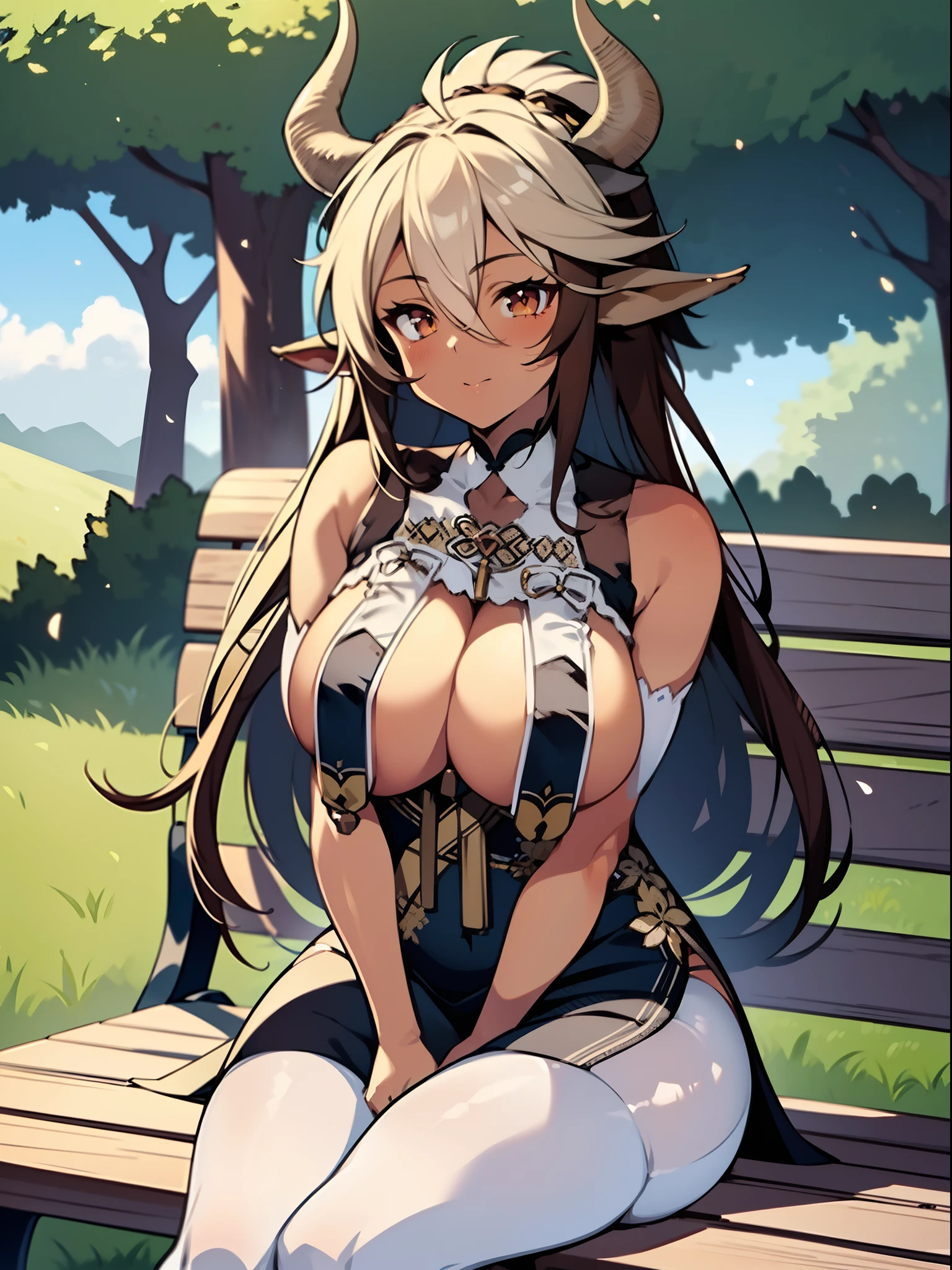 masterpiece, best quality, extremely detailed, anime art style, 1girl, mature female, solo, (dark-skinned female), (gigantic breasts), ((two tone hair, long hair, brown eyes, cow ears, cow horns)), parted lips, (((ahqipao, breast curtains, elbow gloves, white pantyhose))), light smile, (closed mouth), arms behind head, ((sitting on the bench, forest))