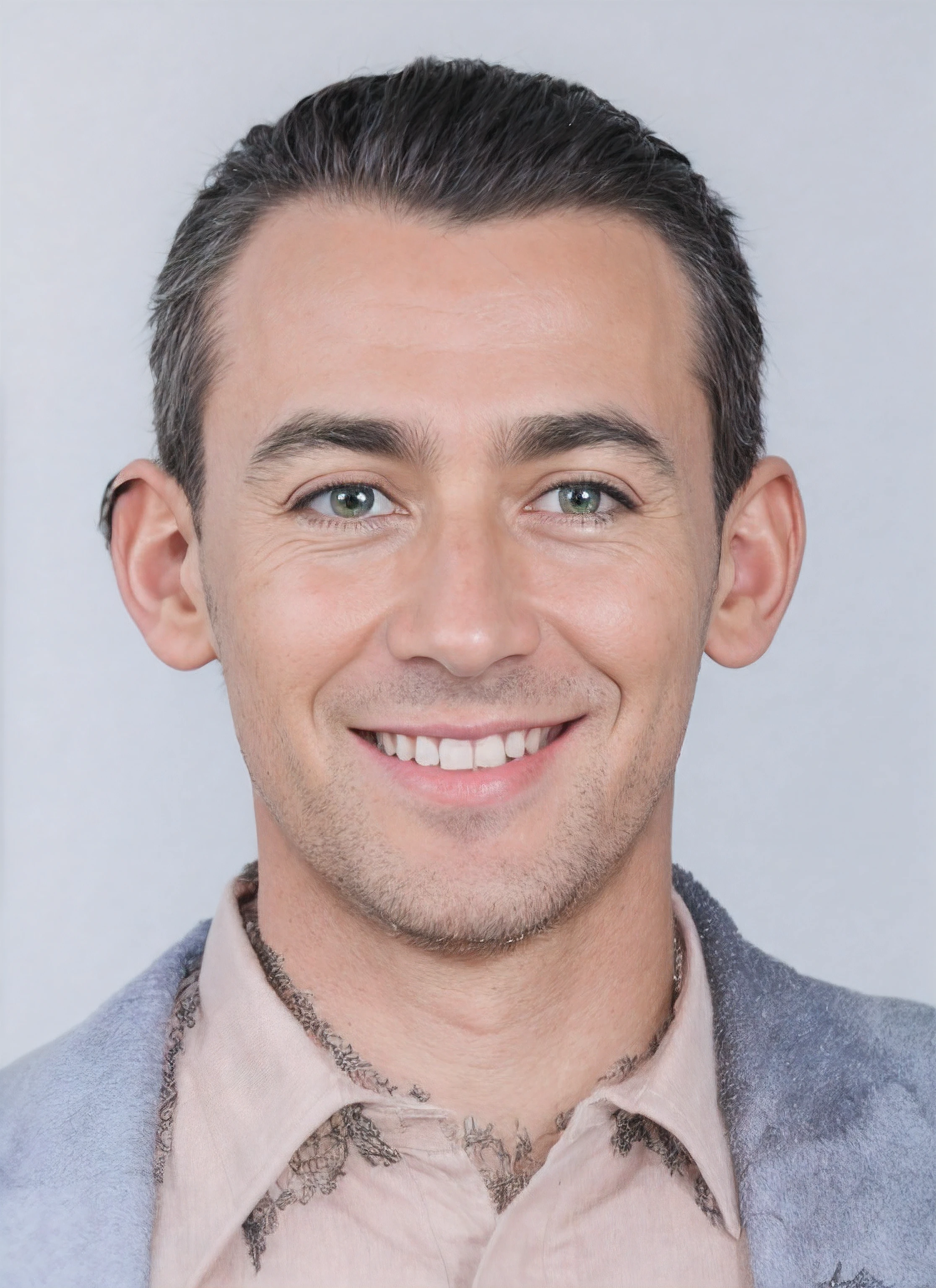 (Homem) em uma jaqueta azul e camisa rosa com uma gravata rosa, olhos verdes, cabelo preto curto, sorrindo, pele clara, raw photo, amazing photograph, best quality, 8K, high quality, Ultra detailed, (best quality), (high detailed skin, full sharp:1.2), 8k uhd, dslr, detailed face