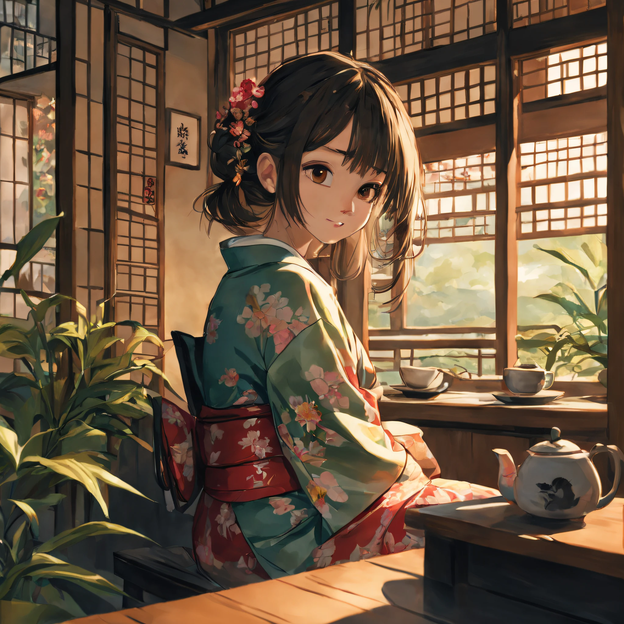 masutepiece, High quality, hyper realisitic, Cinematic lighting, Japan, Tea room, Alone, Beautiful girl in kimono sitting straight, She enjoys tea, Smiling,