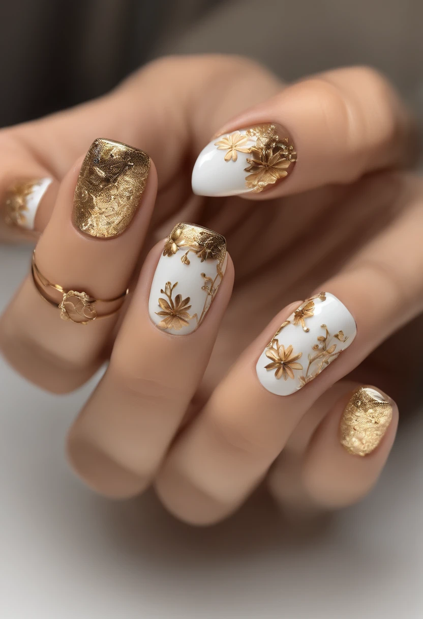 someone is holding a white and gold manicure with a flower design, gold flaked flowers, decorated with flowers, subtle and detailed, flowers and gold, subtle gold accents, floral bling, polished and fancy, minimalistic and beautiful, nails, with flowers, with colored flowers, thin gold details, painted nails, simple yet detailed, in style of simplified realism, gold flowers