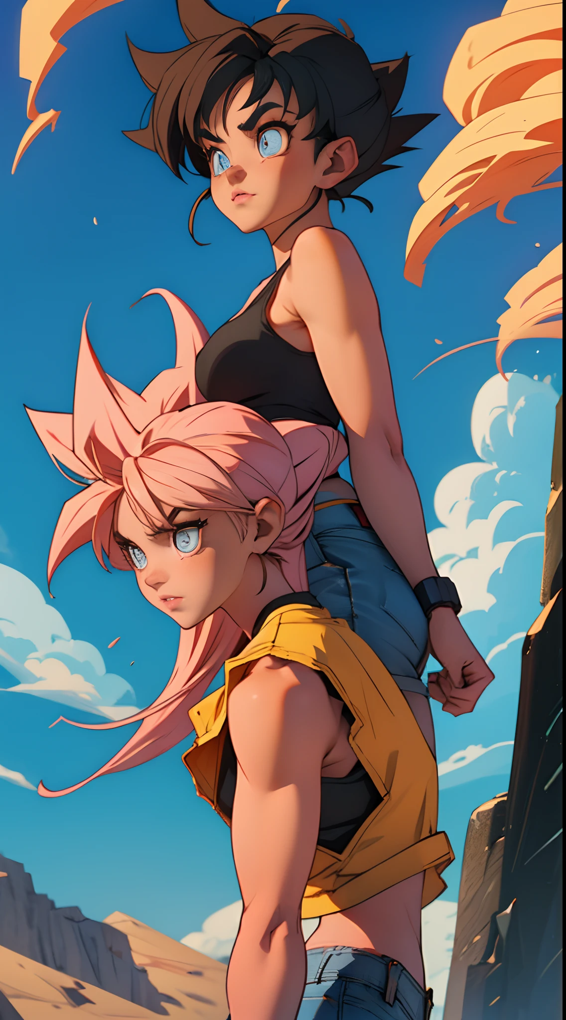Saiyan warrior who is African American. His hair is upright like super saiyan goku and he wears a denim jacket with black jeans and tank top. His eyes are pink