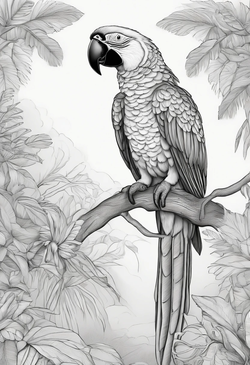 Macaw coloring page, detailed artwork, black and white,