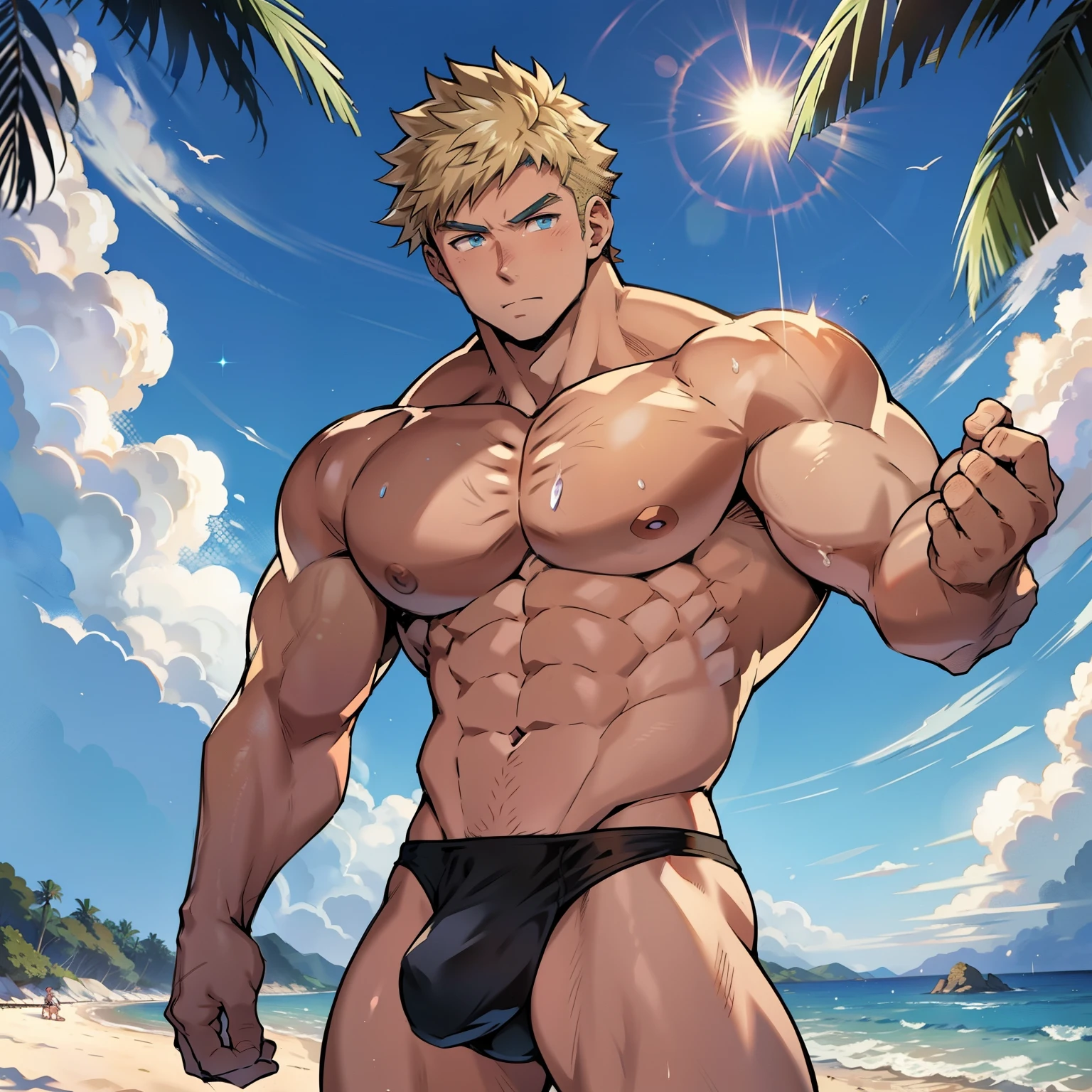 ((Anime style art)), Extremely muscular male character, Roman ethnicity, Pale skin, short wavy hair, blonde hair, Sapphire blue eyes, bodybuilder body, Shirt, Topless, Hands raised at neck level, wears a string thong, bulge in the crotch, Beach, sun, clouds, Main character of the anime, Nice image, Hard drive, 4k.