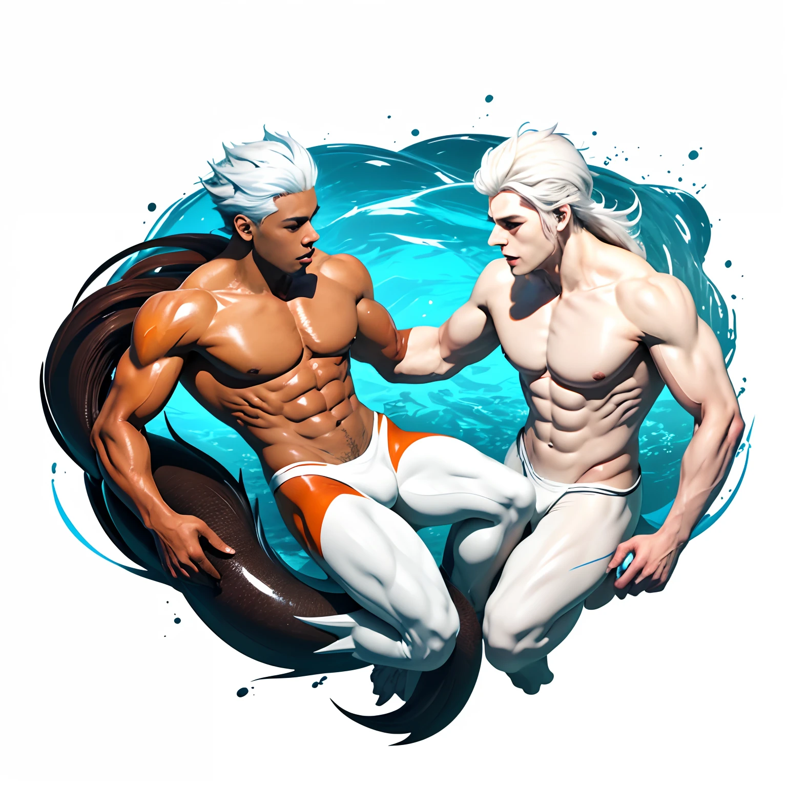 Male anime character with white hair and brown skin, underwater merman type of merman with black, white and orange tail. 8k