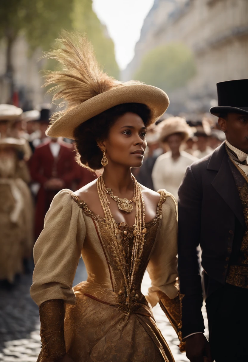 Ranavalona III, Reine de Madagascar, en 1897, Image en couleur, Dressed in a royal robe, proudly walking through the streets of Paris. La foule l'acclame et elle sourit gracieusement en retour. Image Quality : 4K