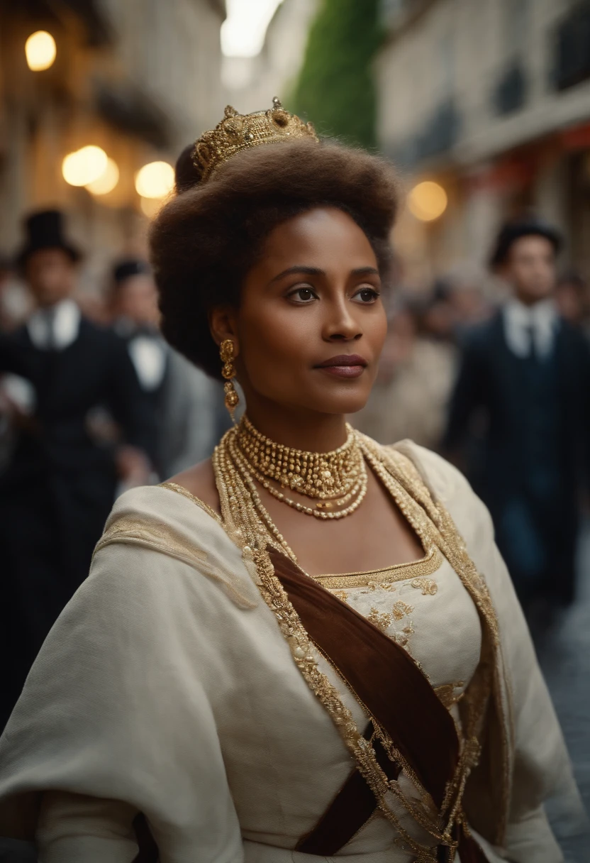 Ranavalona III, Reine de Madagascar, en 1897, Image en couleur, Dressed in a royal robe, proudly walking through the streets of Paris. La foule l'acclame et elle sourit gracieusement en retour. Image Quality : 4K