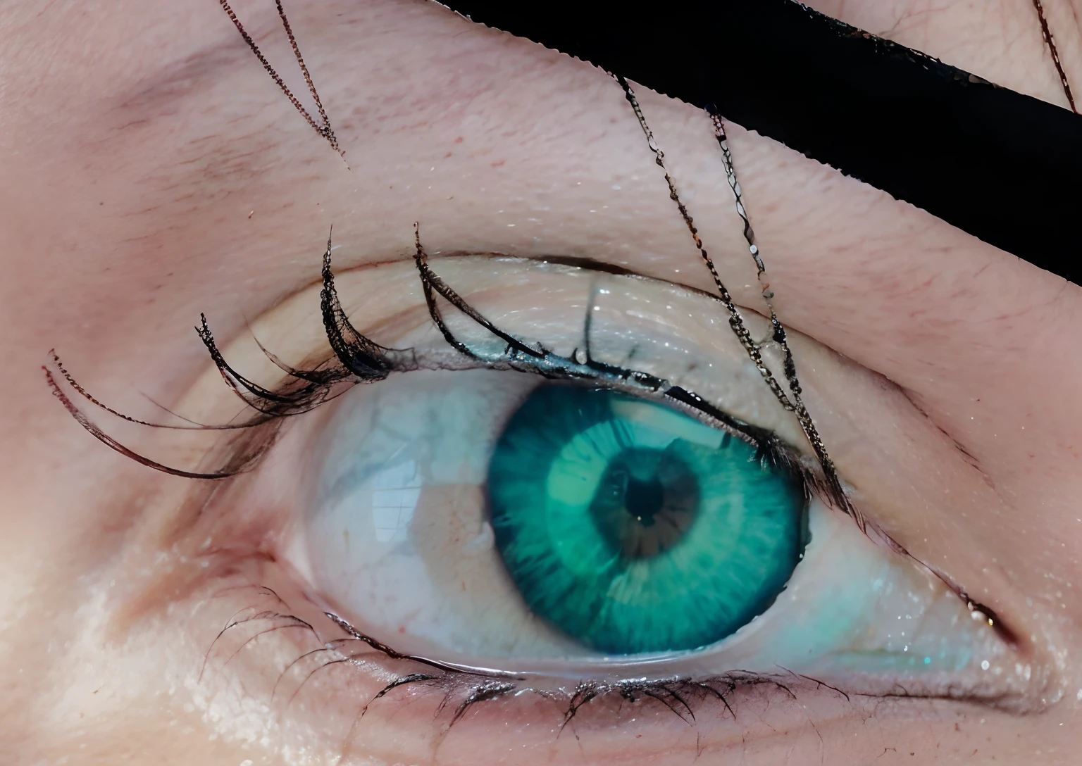 olho realista com um olho preto e um olho rosa, grandes olhos inclinados para baixo, posicionamento correto dos olhos, nenhuma mancha sobre o olho direito, terceiro olho no meio da testa, ponto laser entre os olhos, Olhos enormes inclinados para baixo, terceiro olho no meio da testa, Various eyelid positions, Eyelids, branco ao redor do olho direito, olho realista, sobrancelha realista, textura de pele realista, pele clara com tons rosados, foto de olho de mulher, olho bonito, imagem realista de alta qualidade