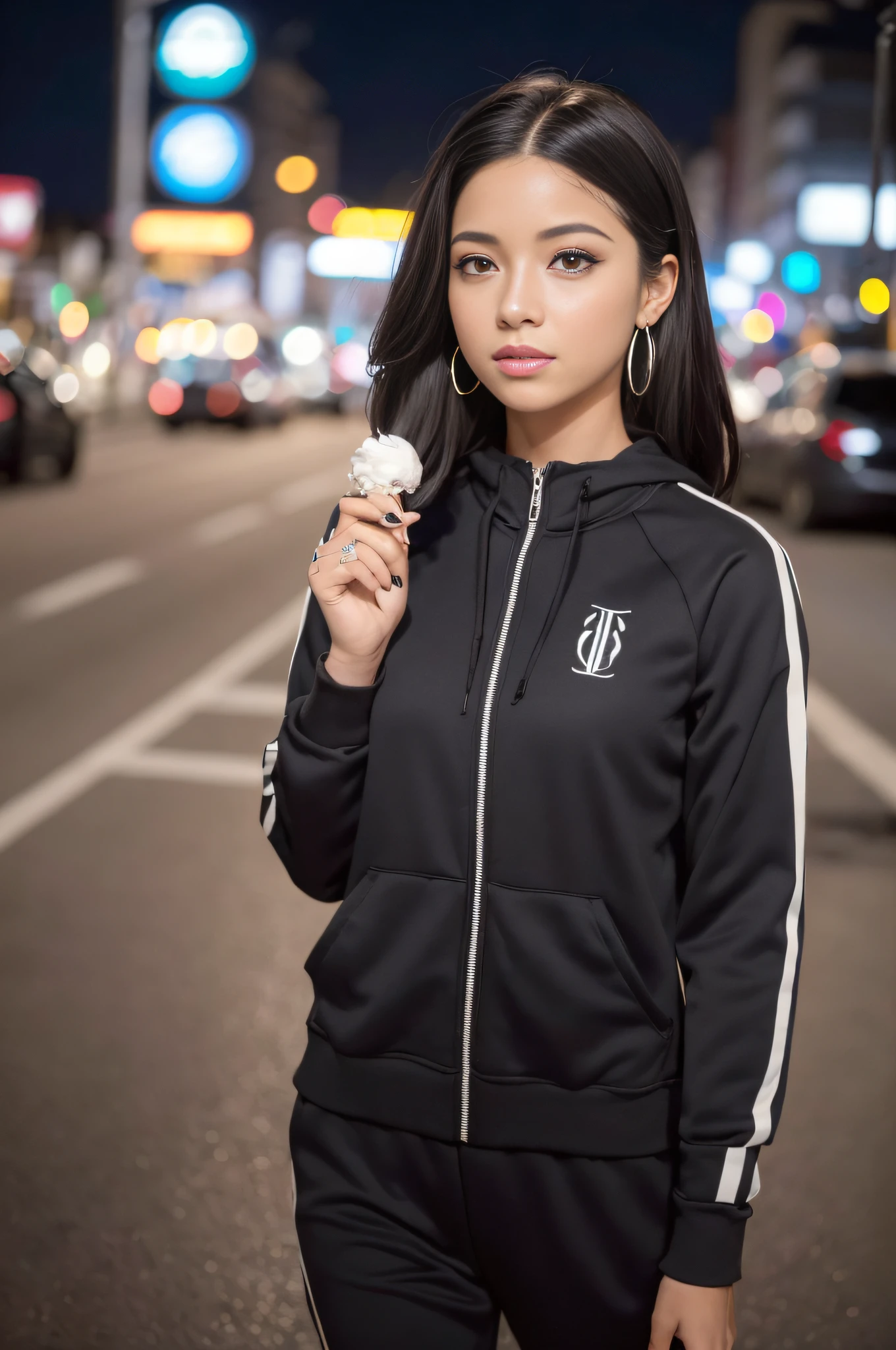 masterpiece, best quality, highres,1girl,beautiful woman,,face focus,ice cream,looking at viewer,smile, in street, Araffe mulher com cabelo preto longo e um top preto,, Mulher mexicana bonita, mulher nova com cabelo escuro longo, female with long black hair, foto de perfil headshot, mulher com cabelo preto, Anastasia Ovchinnikova, Retrato Sophie Mudd, flawless olive skin, cabelo e maquiagem escuros, (Selfie, Top view: 1.4), (metade reta do corpo: 1.4), Foto de retrato RAW UHD de uma loira de 24 anos (mulher de olhos azuis) caminhando por um beco escuro, Seios enormes:1.25,, city at night, (Meias), (decote), Detalhes (Texturas! , Hair! , Glitter, Cor!! , Desvantagens: 1.1), olhos brilhantes com alto detalhe (looking at the camera), SLR lighting, SLR camera, ultra-qualidade, agudeza, profundidade de campo, filmic grain (centro), Fujifilm XT3, Cristalina, centro do quadro, beautiful face, foco nítido, street lamp, neon lighting, Bokeh (mal iluminado), Noite, (night sky), poros detalhados da pele, pele oleosa, queimadura solar, Detalhes Oculares Complexos, corpo inteiro, Seios enormes:1.25, (((8k, best quality, masterpiece:1.2))), DETAILED SKIN SKIN BLEMISH, (realistic, photo-realistic:1.37), Ultra-detailed, a close up of a Melaninated Caramel skin ebony woman with a tattoo on her arm In front of the mixing board at the Recording studio Listening to beats (((Looks like a mix of Dope celebrity females , Stacy Dash, Aalyah, Maya, Shakira, Ashcash, Danielle Bregoli Bhad Bhabie Hairstyle, Female Rapper Latto, Rubi Rose, RENNI RUCCI))) , (top-quality、8K、32K、masterpiece)、(Photorealsitic:1.4,、A lot of tattoos on the body,、Street background、Backlight effect、depth of fields,blurry backround,(((Swirls and loops on her baby hairs and her detailed hair edges))), ((((Fully Clothed, Colorful Luxury Designer Sweatsuits))))masterpiece, best quality, 1girl, innocent looking, solo, (masterpiece, top quality, best quality, officia