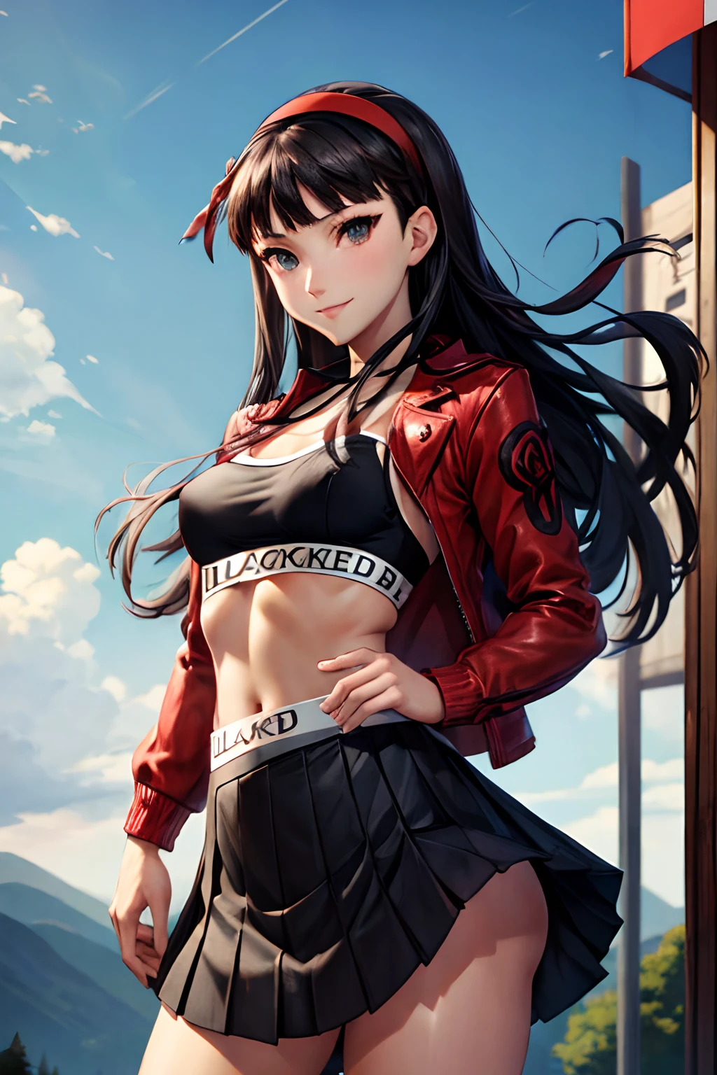 blacked, sports bra, plain black bra, outdoors, standing, cowboy shot, absurdres, perfect anatomy, Masterpiece, black skirt, slightly muscular, perfect face, perfect eyes, smiling, red cheeks, cute, slutty, pleated skirt, normal eyes, beautiful eyes, yukiko, headband, red jacket, open jacket,