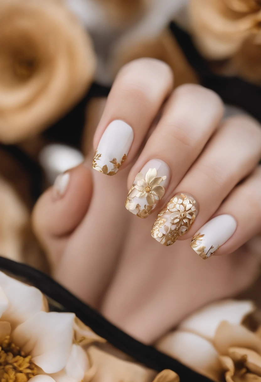 someone is holding a white and gold manicure with a flower design, gold flaked flowers, decorated with flowers, subtle and detailed, flowers and gold, subtle gold accents, floral bling, polished and fancy, minimalistic and beautiful, nails, with flowers, with colored flowers, thin gold details, painted nails, simple yet detailed, in style of simplified realism, gold flowers