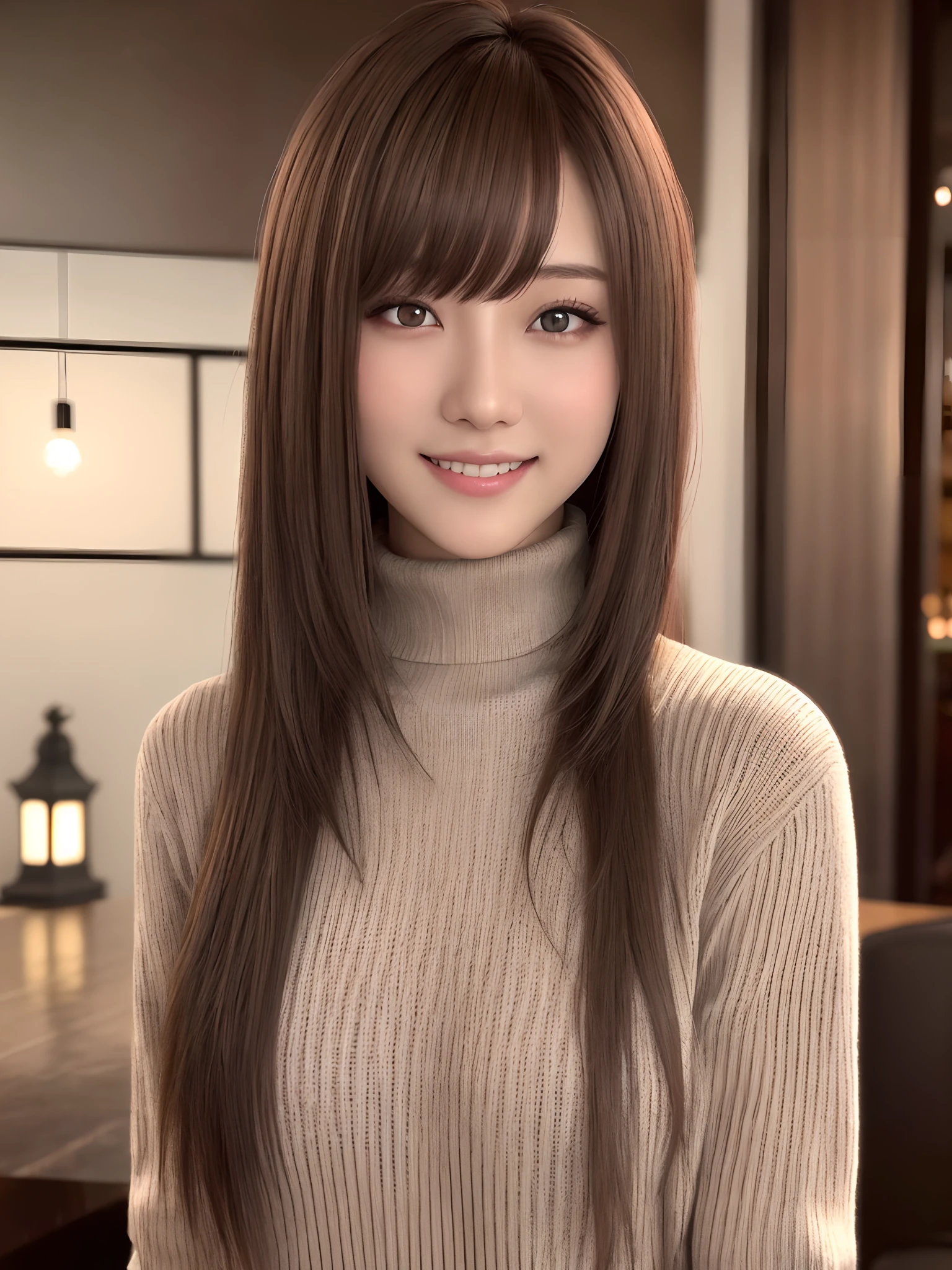 Product quality, 1 girl per 1 photo, Cowboy Shot, Front view, a Japanese young pretty girl, Long bob hair, Wearing a wedding ring, At night, Have dinner with a big smile at a fine British restaurant, Wearing a black knitted turtleneck sweater with long sleeves, hyper cute face, Glossy lips, double eyelids for both eyes, Natural makeup, shiny smooth light brown hair of a long bob hair, asymmetrical bangs, Tanned skin, central image, 8K resolution, high detailing, detailed hairstyle, Detailed face, Cinematic lighting, Octane Rendering, Hyper realistic, Perfect limbs, Perfect Anatomy