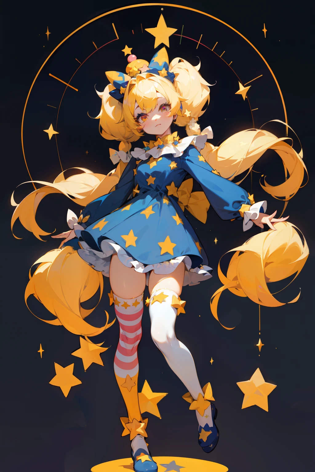 1GIRL, FULLBODY, CLOWN OUTFIT, CIRCUS ATTIRE, STARS, MULTICOLOR, FLUFFY HAIR, MAKEUP Character design sheet of a astronomical clown girl, finely detailed, (best quality), (intricate details), multicolored, ((long blonde hair)), ((hair in pigtails)), best quality, ((short puffy long sleeve clown dress)), ((navy blue dress with yellow stars)), ((white ruff clown collar)), ((thigh high socks)), ((socks are white with yellow stars)), ((round eyes)), wears a big navy blue bow on head, beautiful face, cute face, full body, pinup, perfect face, twinkle background