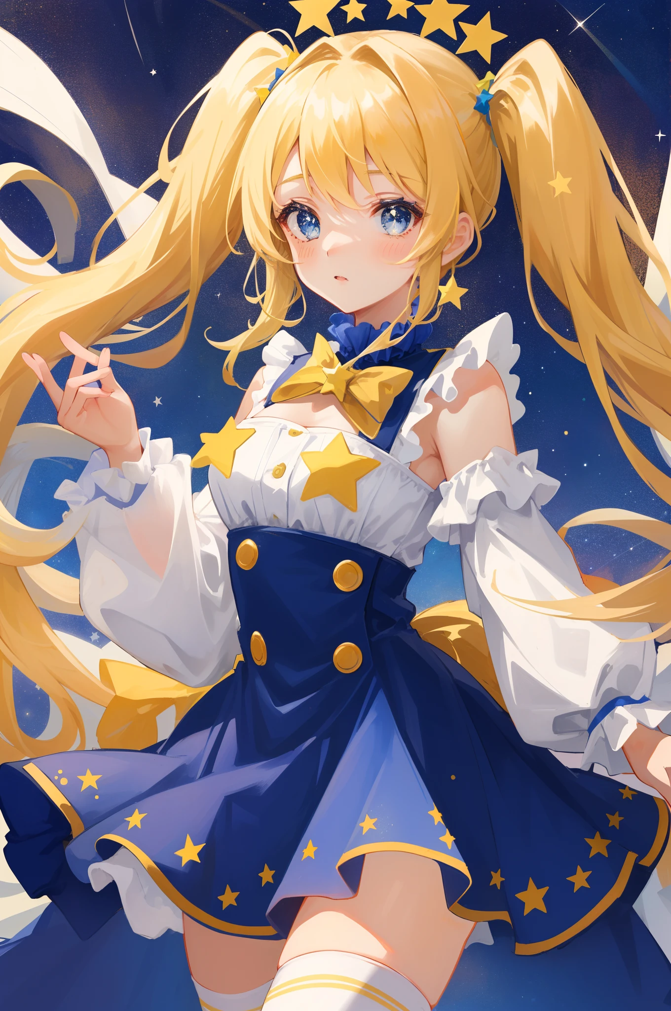1GIRL, CLOWN OUTFIT, CIRCUS ATTIRE, STARS, MULTICOLOR, FLUFFY HAIR, MAKEUP Character design sheet of a astronomical clown girl, finely detailed, (best quality), (intricate details), multicolored, ((long blonde hair)), ((hair in pigtails)), best quality, ((short puffy long sleeve clown dress)), ((navy-blue dress with yellow stars)), ((white ruff clown collar)), ((thigh high socks)), ((socks are white with yellow stars)), ((round eyes)), wears a big navy-blue bow on head, beautiful face, cute face, pinup, perfect face, twinkle background
