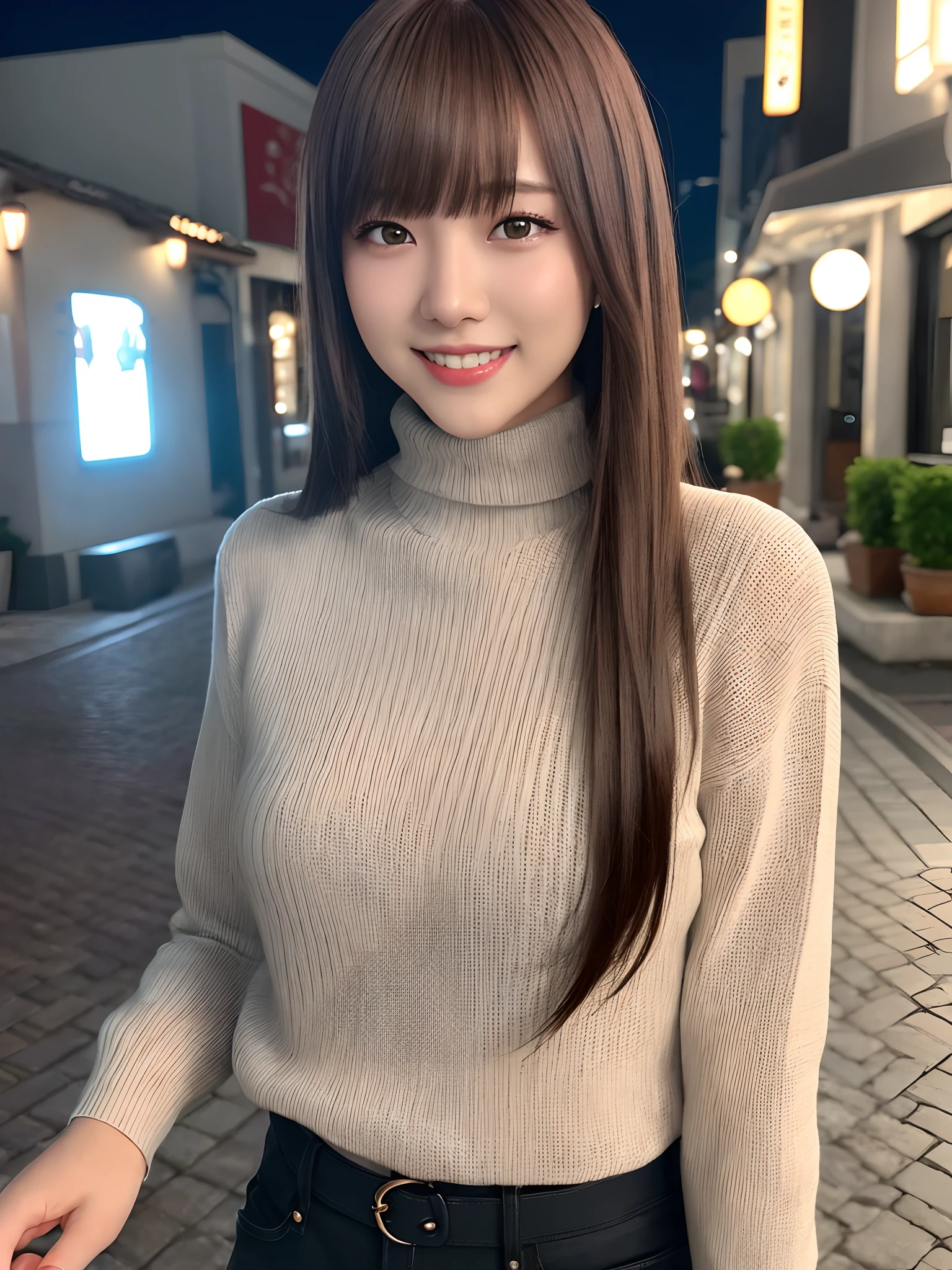 Product quality, 1 girl per 1 photo, Cowboy Shot, Front view, a Japanese young pretty girl, Long bob hair, Wearing a wedding ring, At night, Have dinner with a big smile at a fine British restaurant, Wearing a black knitted turtleneck sweater with long sleeves, hyper cute face, Glossy lips, double eyelids for both eyes, Natural makeup, shiny smooth light brown hair of a long bob hair, asymmetrical bangs, Tanned skin, central image, 8K resolution, high detailing, detailed hairstyle, Detailed face, Cinematic lighting, Octane Rendering, Hyper realistic, Perfect limbs, Perfect Anatomy