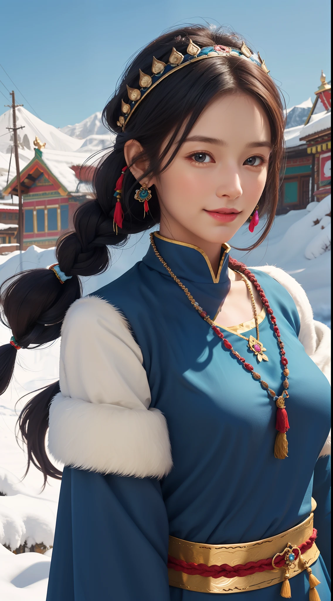 girl with, Long braids, Tibetan girls, front closeup, Raised head slightly, Smile, Front photo, Upper body, Bust Photo, Tibetan costume, Colorful clothing, Tibetan costume in navy blue, Fluff collar, Fluff color, Luxury Tibetan clothing, Troublesome Tibetan clothing design, Cold clothing, Winter clothes, Appearance Yang Transcendence, Round face shape, Gorgeous Tibetan clothes, Troublesome Tibetan Necklace, Troublesome Tibetan headdress, Colorful headband, Real person CG, Sweet style, Film Style, HD 4K, Photographic effects, Studio Effects[Tekkyōe, White glow, Mythological winds, Snowfield background, Character Core, Image ratio 16:9, Fresh masks.