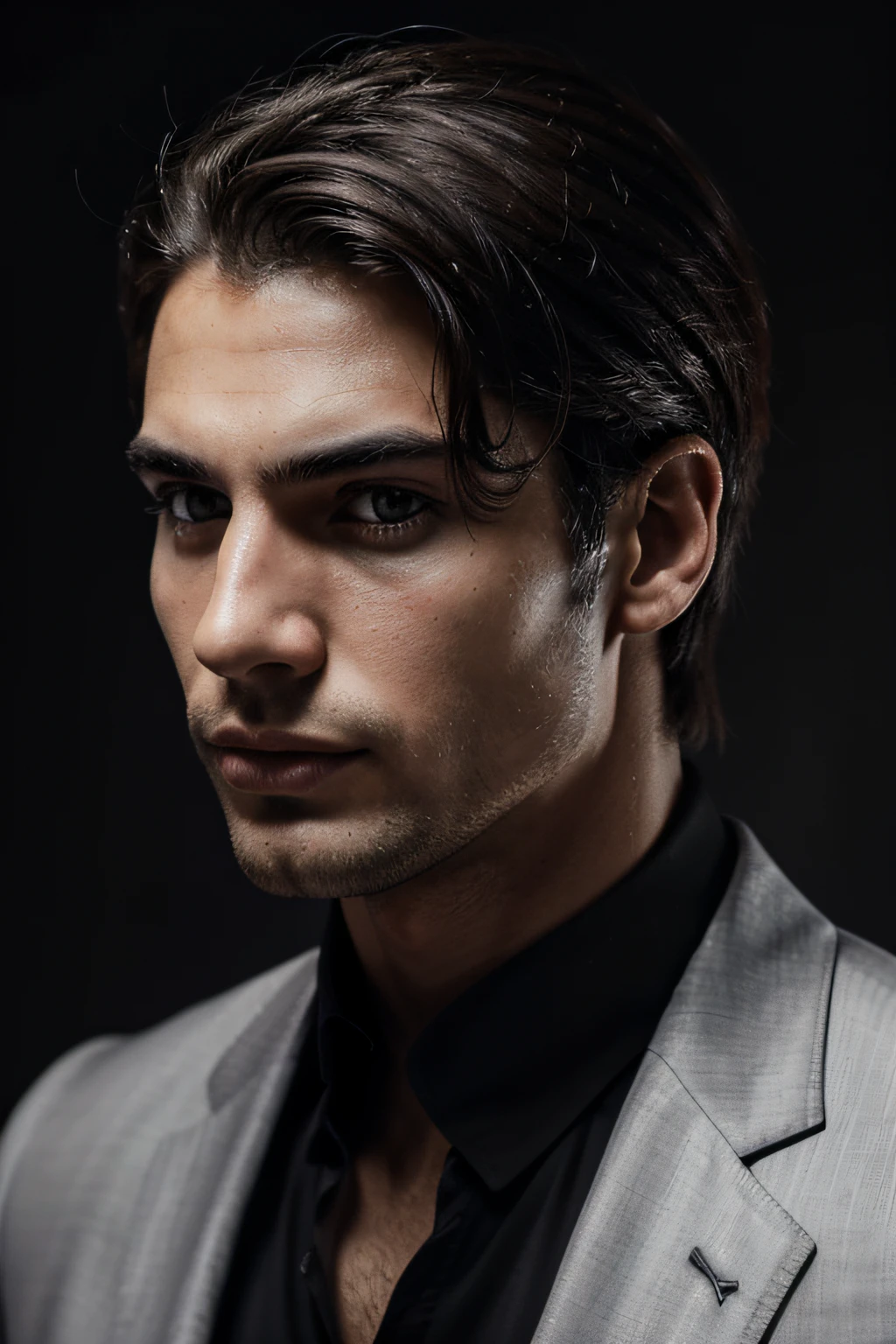 Photo of male model Gonçalo Teixeira, black and white, realistic, portrait, not painted, very detailed faces, skin with pores, 4k, dark suit, black plain background, skin not smoothed, face from left to right, desire in the eyes, half profile, glowering, looking into the camera, dark shirt.