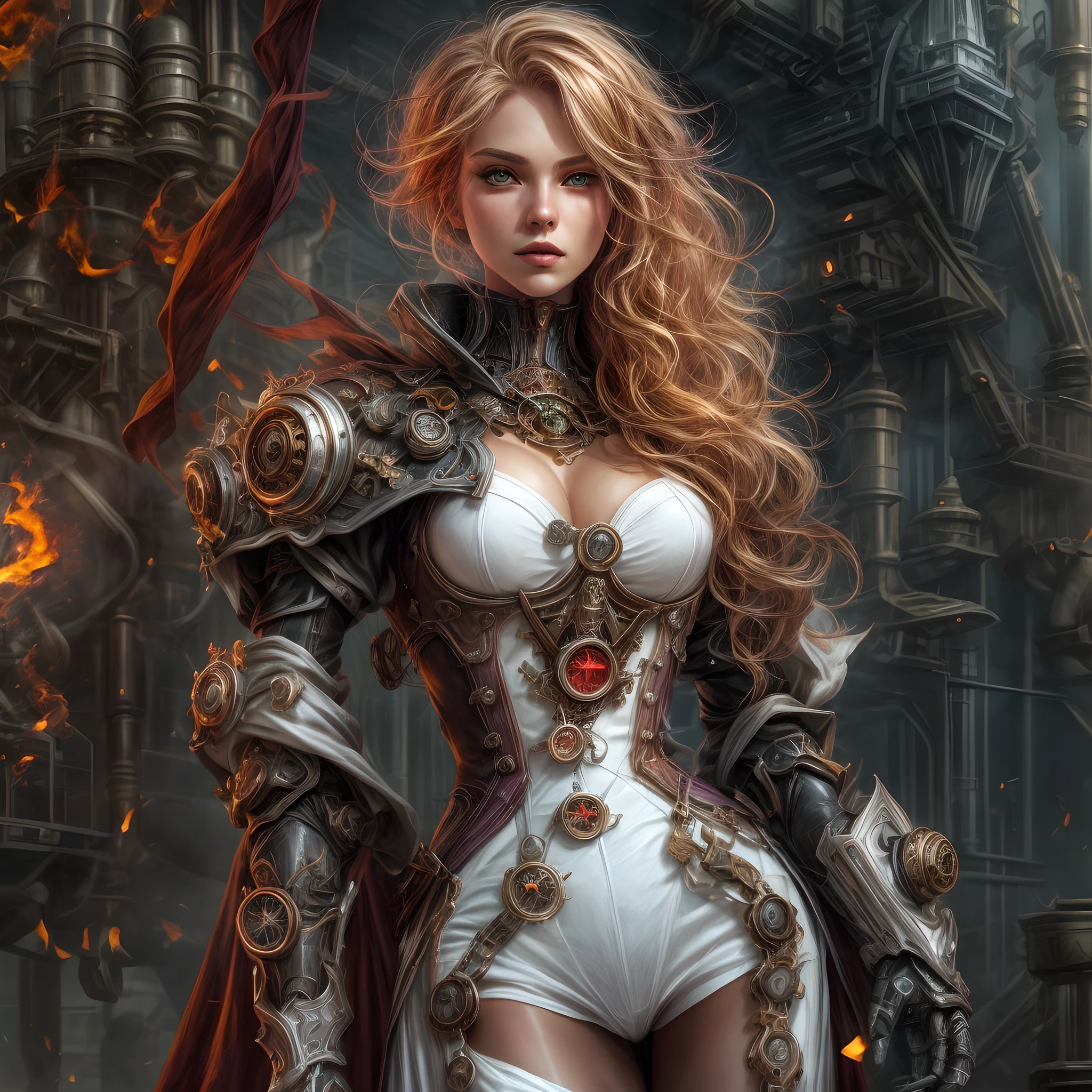 fantasy art, steampunk art, RPG art, photograph, RAW,  Best Detailed, picture of a mecha woman wizard, standing proudly, manipulating magical red fire, extremely beautiful woman (best Detailed, Masterpiece, Hyperrealistic: 1.5) full body,blond hair, rich hair, wavy hair, dynamic eyes color, wearing black and white dress, wearing (white cloak: 1.2), wearing (pantyhose: 1.2), wearing high heeled boots, laces boots, make up, steampunk laboratory background, ultra best realistic, best details, best quality, 16k, [ultra detailed], masterpiece, best quality, (extremely detailed), ultra wide shot, photorealism, depth of field, hyper realistic painting, GlowingRunes_purple, red fire, mechanical parts