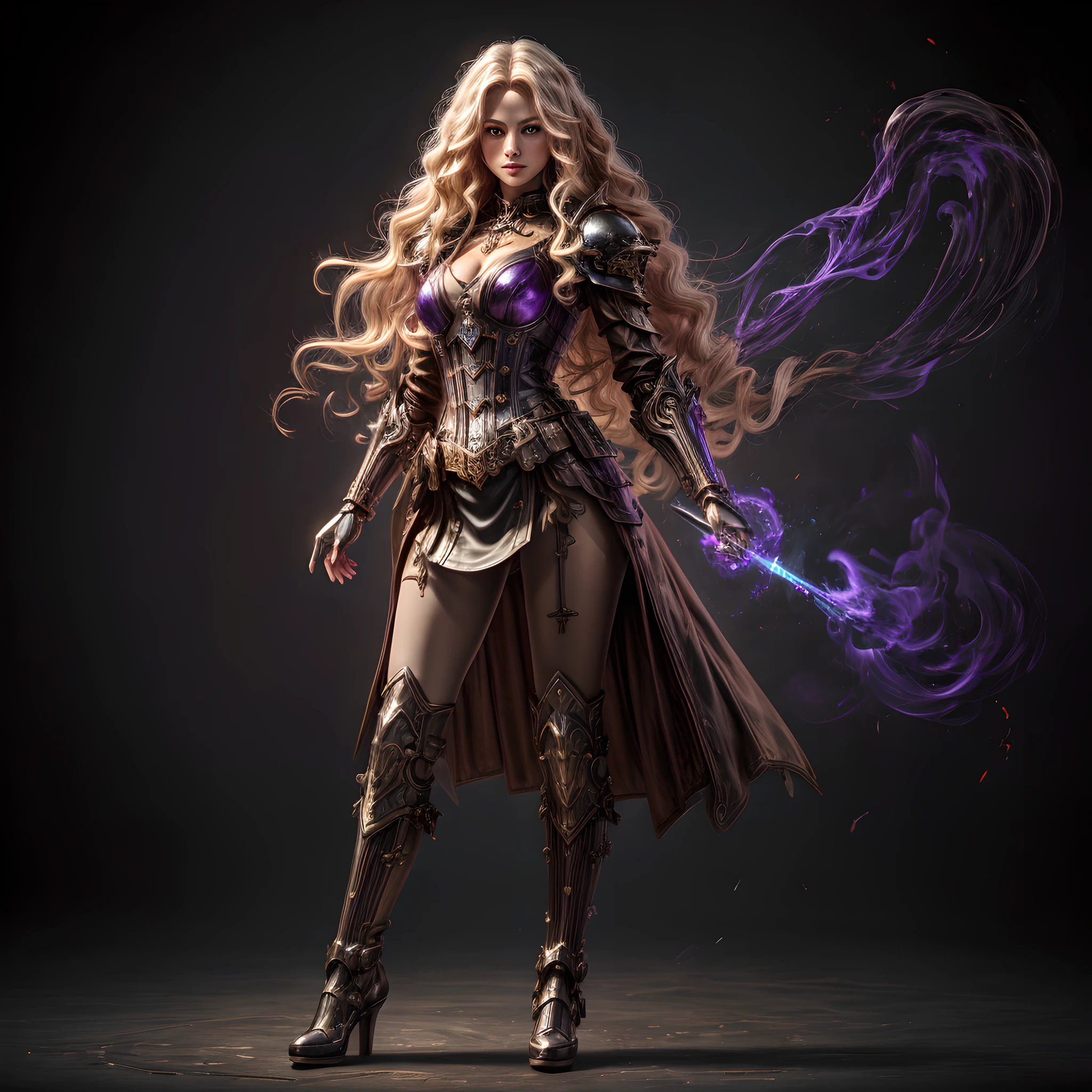 fantasy art, steampunk art, RPG art, photograph, RAW,  Best Detailed, picture of a mecha woman wizard, standing proudly, manipulating magical red fire, extremely beautiful woman (best Detailed, Masterpiece, Hyperrealistic: 1.5) full body,blond hair, rich hair, wavy hair, dynamic eyes color, wearing black and white dress, wearing (white cloak: 1.2), wearing (pantyhose: 1.2), wearing high heeled boots, laces boots, make up, steampunk laboratory background, ultra best realistic, best details, best quality, 16k, [ultra detailed], masterpiece, best quality, (extremely detailed), ultra wide shot, photorealism, depth of field, hyper realistic painting, GlowingRunes_purple, red fire, mechanical parts